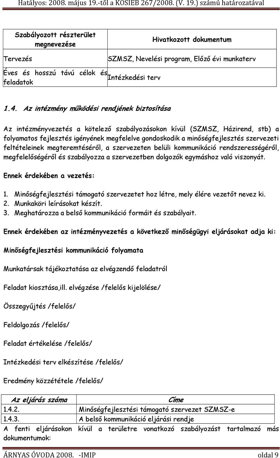 szervezeti feltételeinek megteremtéséről, a szervezeten belüli kommunikáció rendszerességéről, megfelelőségéről és szabályozza a szervezetben dolgozók egymáshoz való viszonyát.