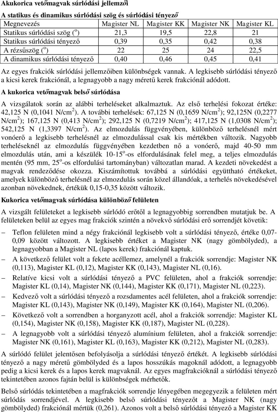 A kukorica vetőmagvak belső súrlódása A vizsgálatok során az alábbi terheléseket alkalmaztuk. Az első terhelési fokozat értéke: 42,125 N (0,1041 N/cm 2 ).