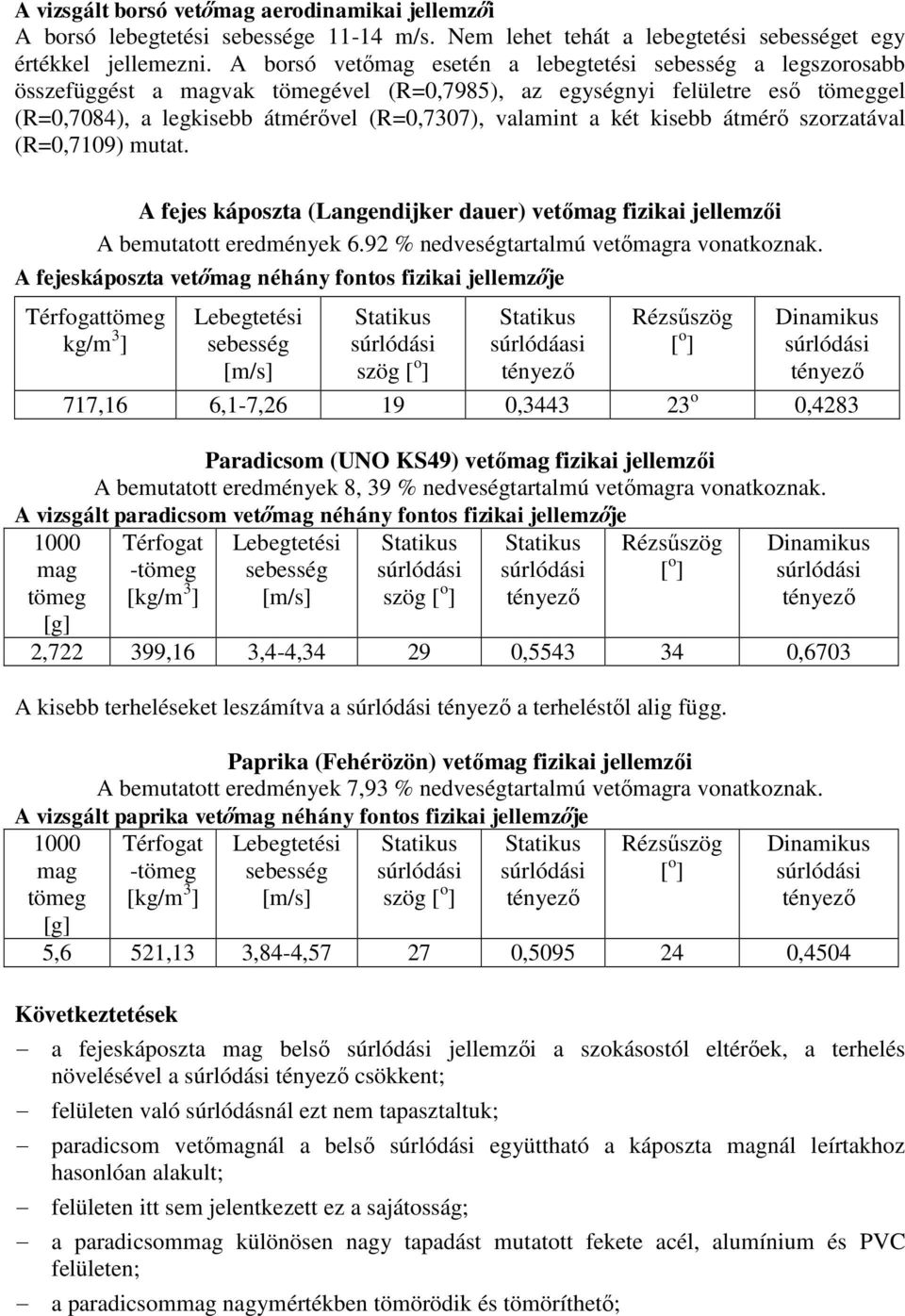 két kisebb átmérő szorzatával (R=0,7109) mutat. A fejes káposzta (Langendijker dauer) vetőmag fizikai jellemzői A bemutatott eredmények 6.92 % nedveségtartalmú vetőmagra vonatkoznak.