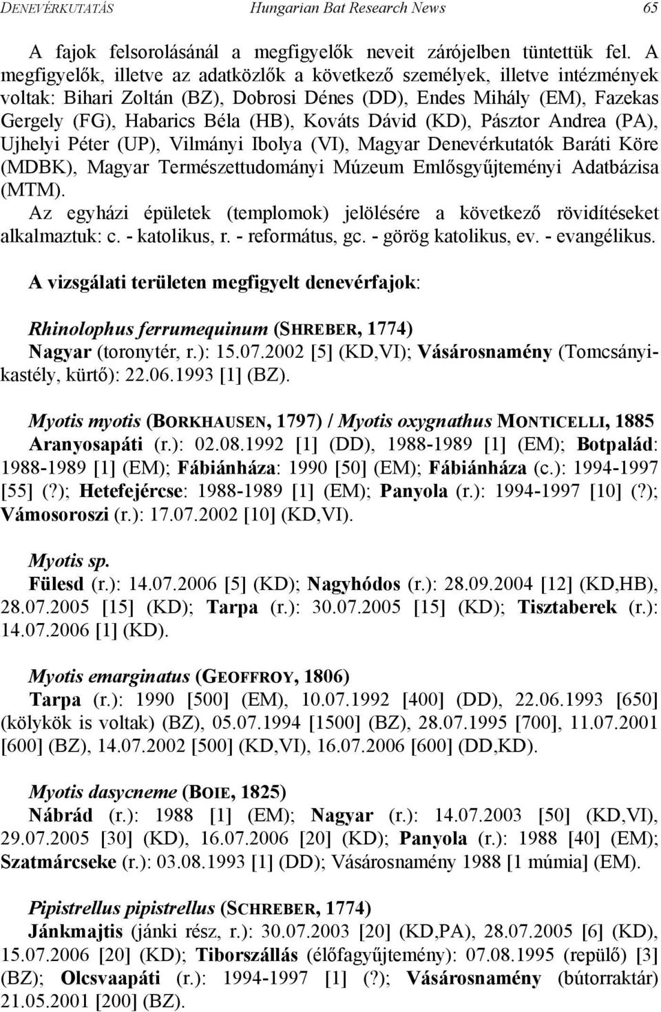 Dávid (KD), Pásztor Andrea (PA), Ujhelyi Péter (UP), Vilmányi Ibolya (VI), Magyar Denevérkutatók Baráti Köre (MDBK), Magyar Természettudományi Múzeum Emlősgyűjteményi Adatbázisa (MTM).