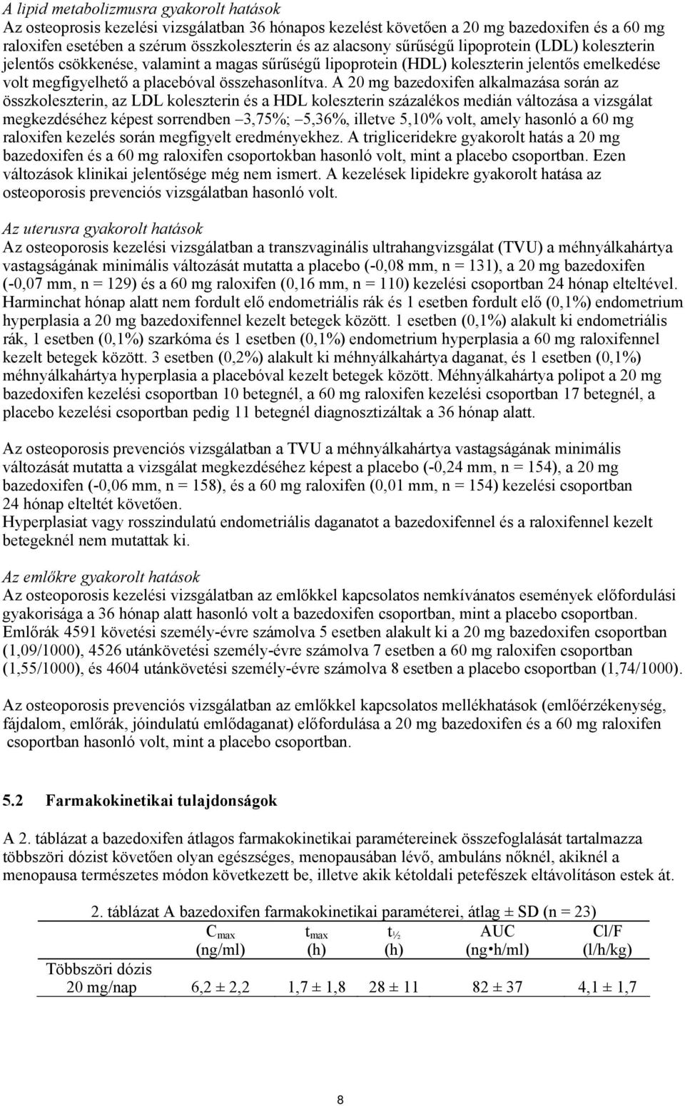 A 20 mg bazedoxifen alkalmazása során az összkoleszterin, az LDL koleszterin és a HDL koleszterin százalékos medián változása a vizsgálat megkezdéséhez képest sorrendben 3,75%; 5,36%, illetve 5,10%
