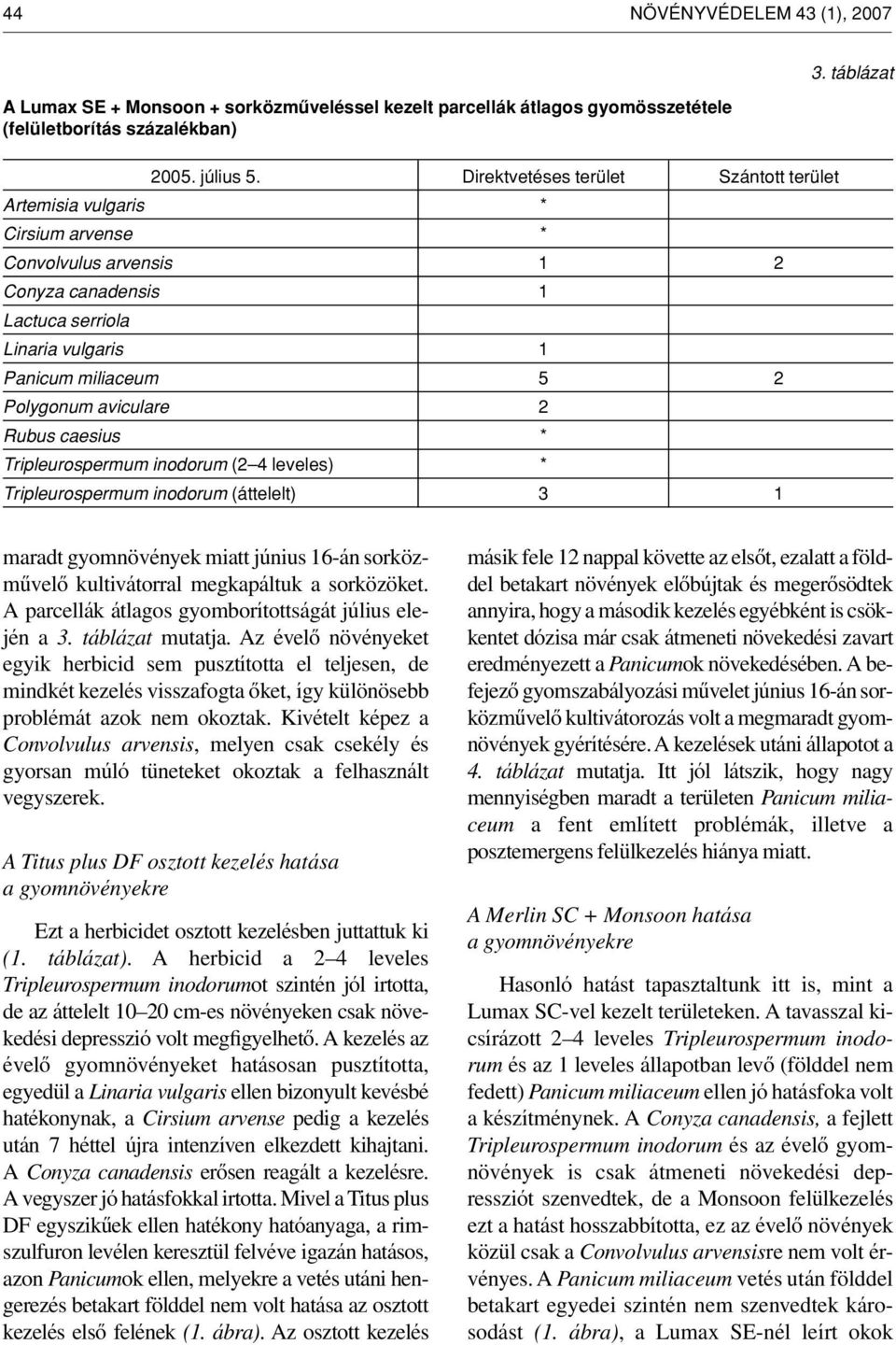 táblázat maradt gyomnövények miatt június 16-án sorközmûvelô kultivátorral megkapáltuk a sorközöket. A parcellák átlagos gyomborítottságát július elején a 3. táblázat mutatja.