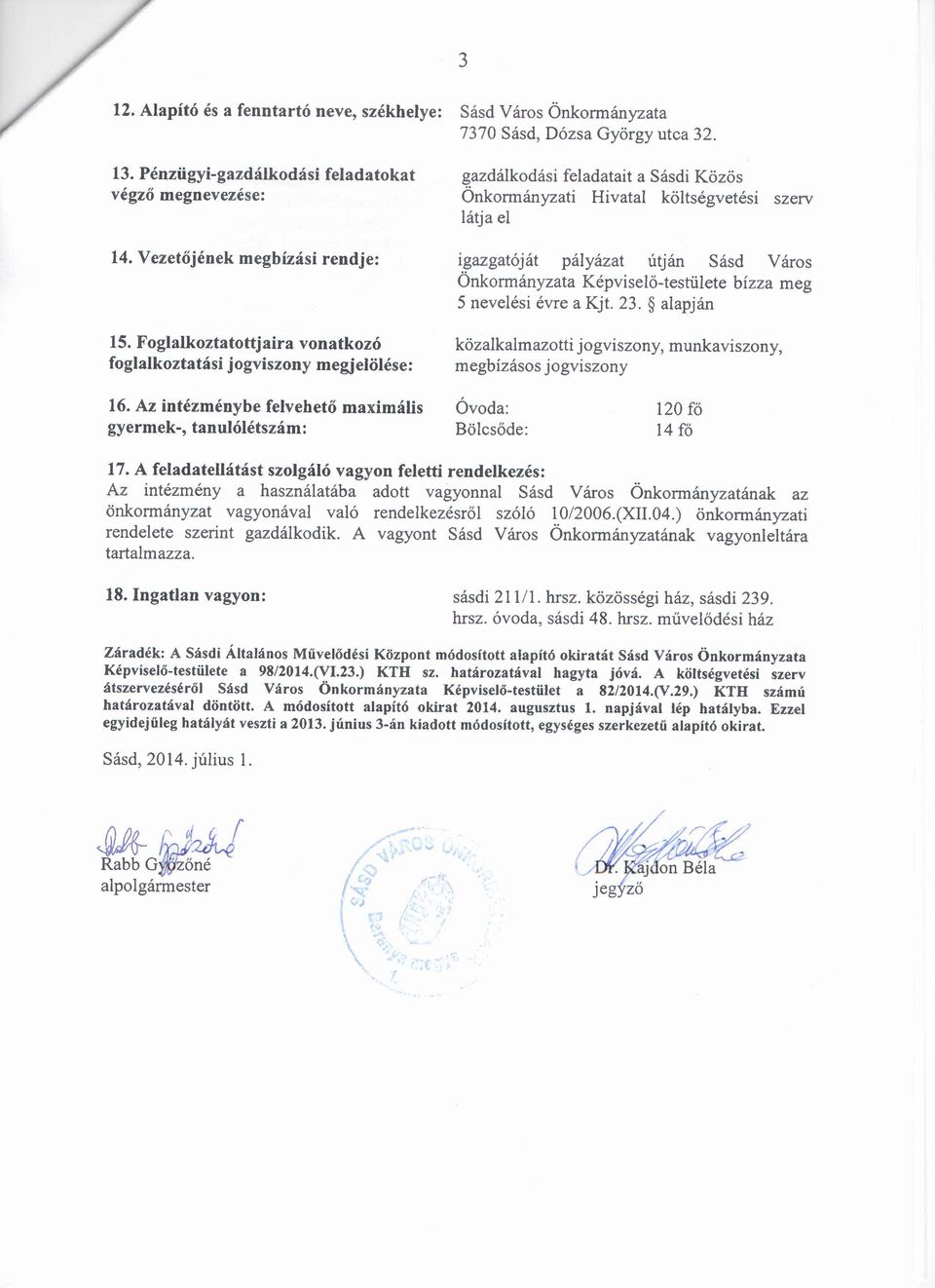 Vezetőjének megbízási rendje: igazgatóját pályázat útján Sásd Város Önkormányzata Képviselő-testülete bízza meg 5 nevelési évre a Kjt. 23. alapján 15.