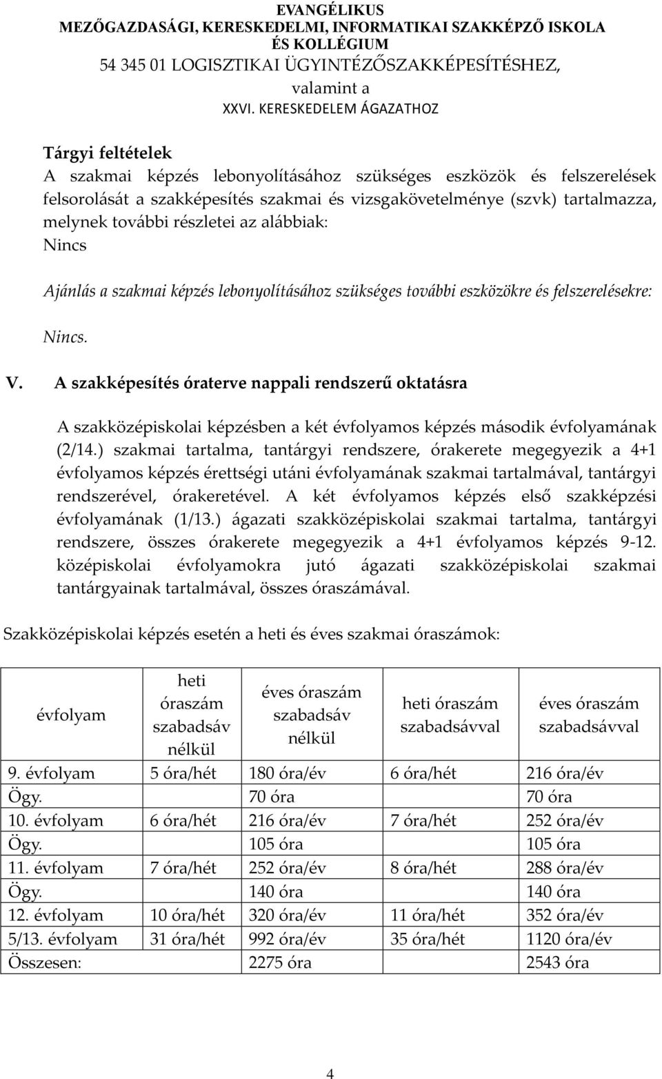 A szakképesítés óraterve nappali rendszerű oktatásra A szakközépiskolai képzésben a két évfolyamos képzés második évfolyamának (2/14.