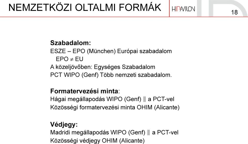 Formatervezési minta: Hágai megállapodás WIPO (Genf) a PCT-vel Közösségi formatervezési