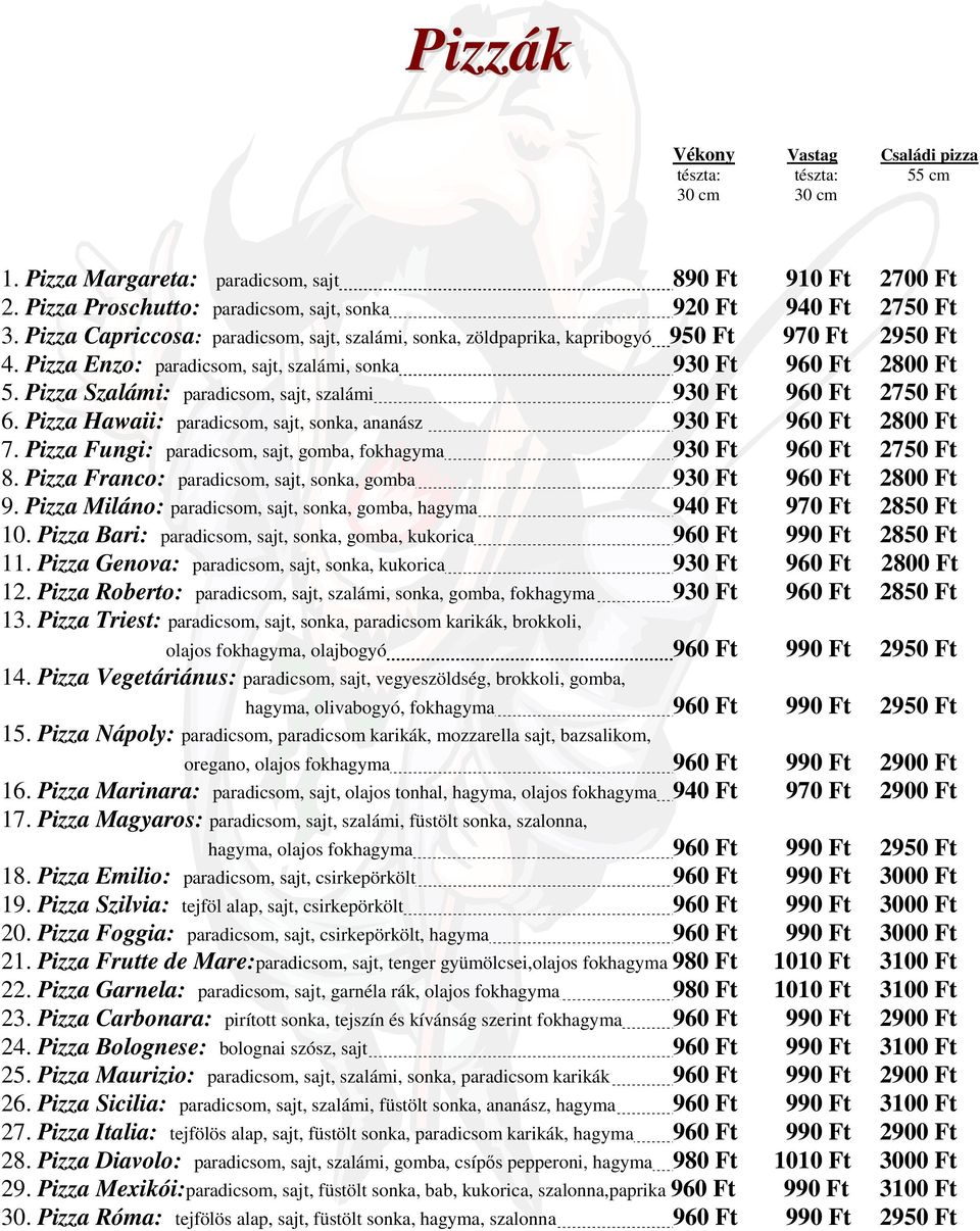 Pizza Szalámi: paradicsom, sajt, szalámi 930 Ft 960 Ft 2750 Ft 6. Pizza Hawaii: paradicsom, sajt, sonka, ananász 930 Ft 960 Ft 2800 Ft 7.