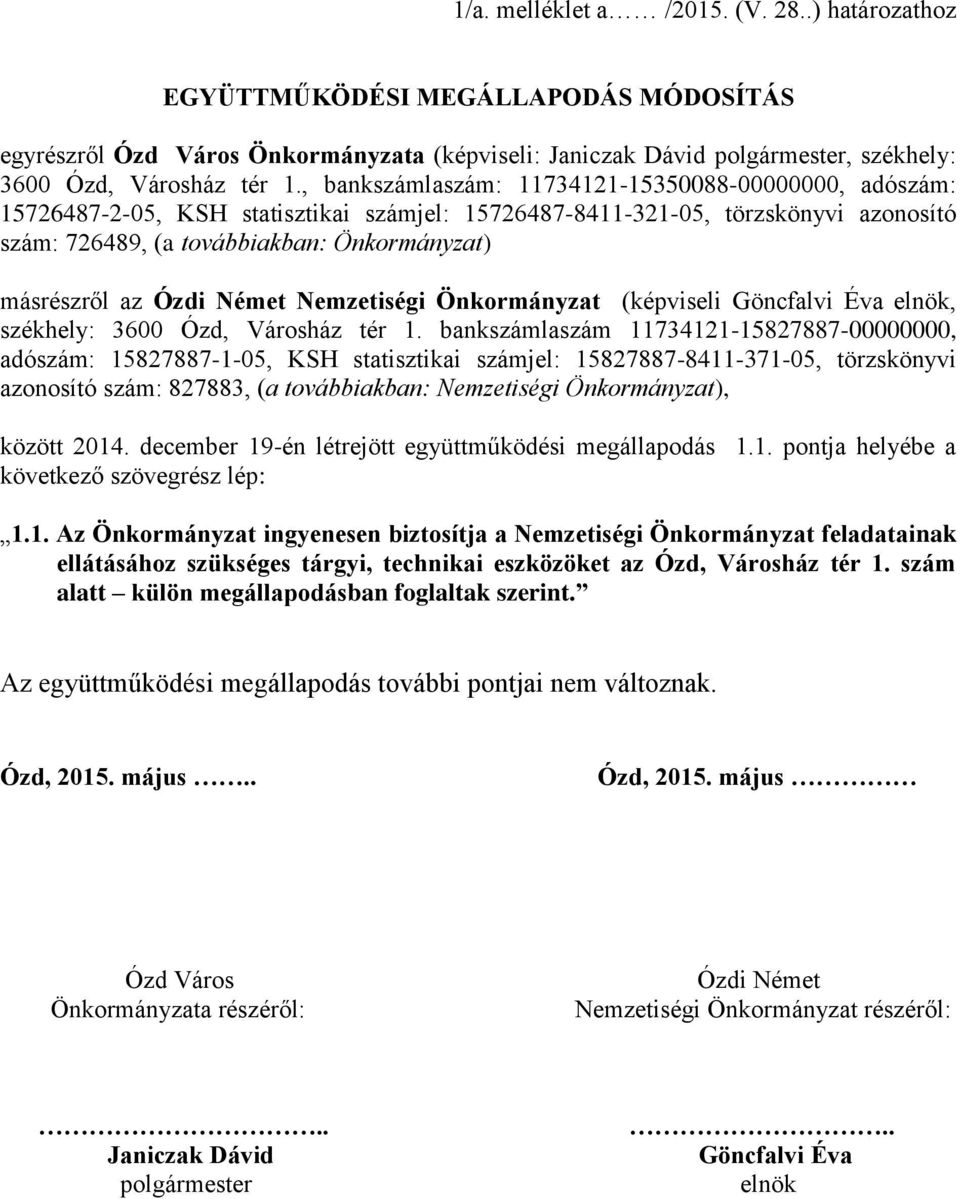 Ózdi Német Nemzetiségi Önkormányzat (képviseli Göncfalvi Éva elnök, székhely: 3600 Ózd, Városház tér 1.