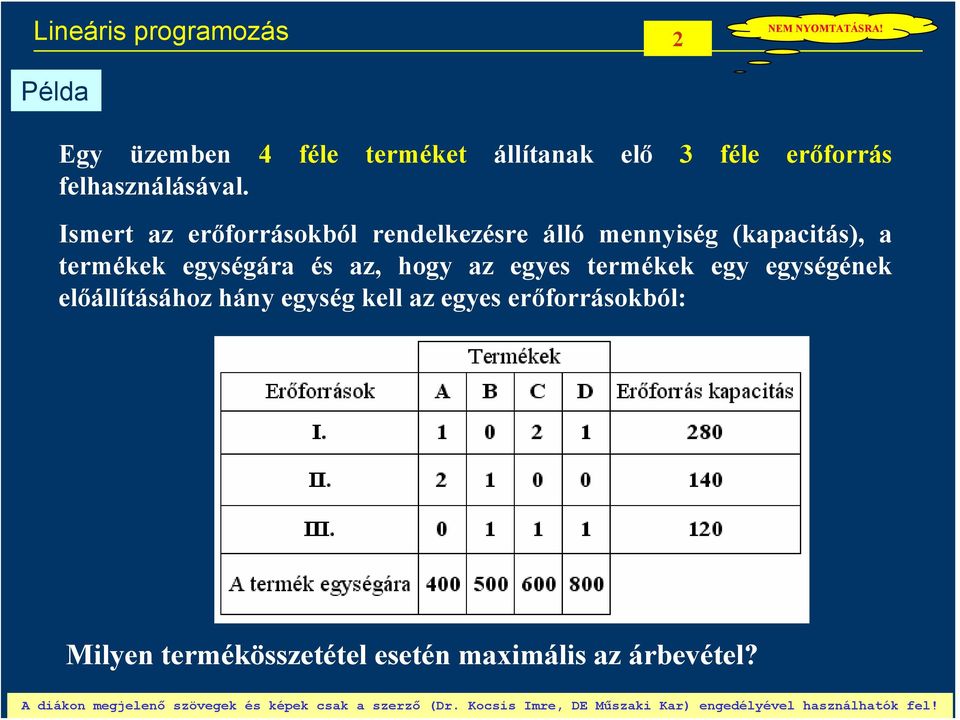 Ismert z erőforrásokból redelkezésre álló meyiség (kpcitás), termékek egységár