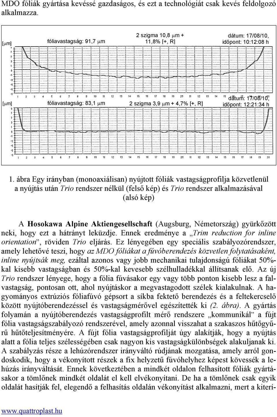 ábra Egy irányban (monoaxiálisan) nyújtott fóliák vastagságprofilja közvetlenül a nyújtás után Trio rendszer nélkül (felső kép) és Trio rendszer alkalmazásával (alsó kép) A Hosokawa Alpine