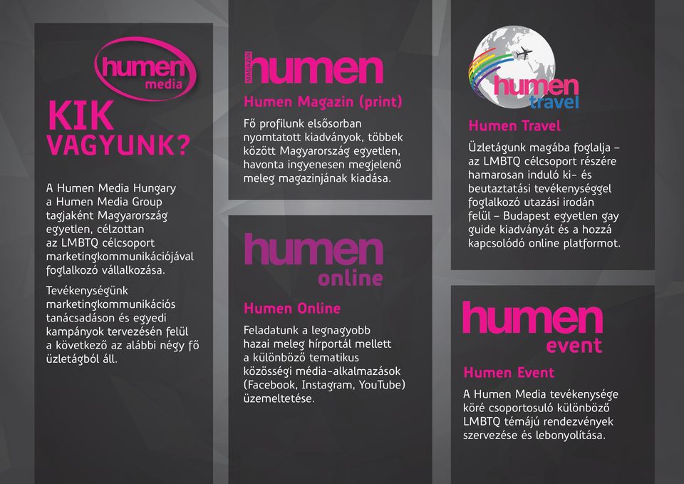 Humen Magazin (print) Fő profilunk elsősorban nyomtatott kiadványok, többek között Magyarország egyetlen, havonta ingyenesen megjelenő meleg magazinjának kiadása.