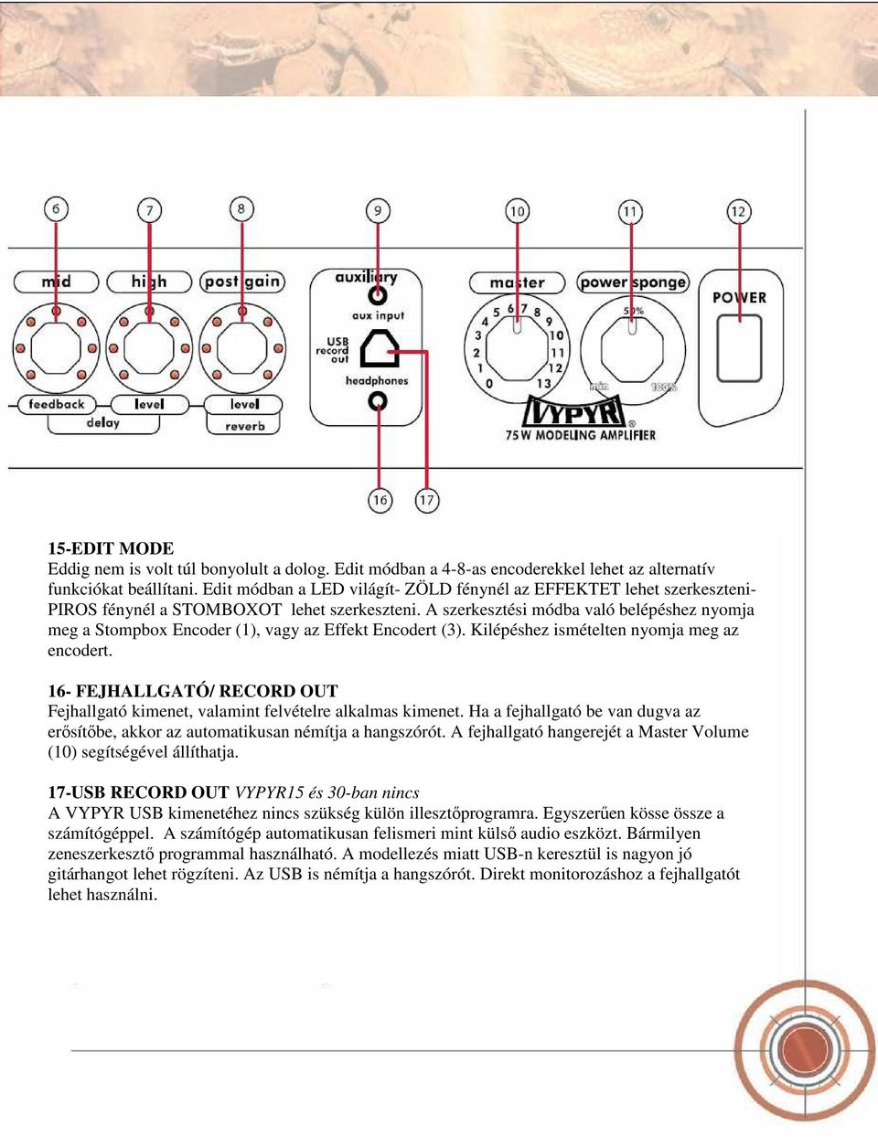 A szerkesztési módba való belépéshez nyomja meg a Stompbox Encoder (1), vagy az Effekt Encodert (3). Kilépéshez ismételten nyomja meg az encodert.