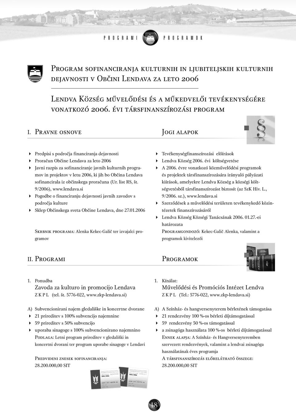 Pravne osnove Jogi alapok Predpisi s področja financiranja dejavnosti Proračun Občine Lendava za leto 2006 Javni razpis za sofinanciranje javnih kulturnih programov in projektov v letu 2006, ki jih