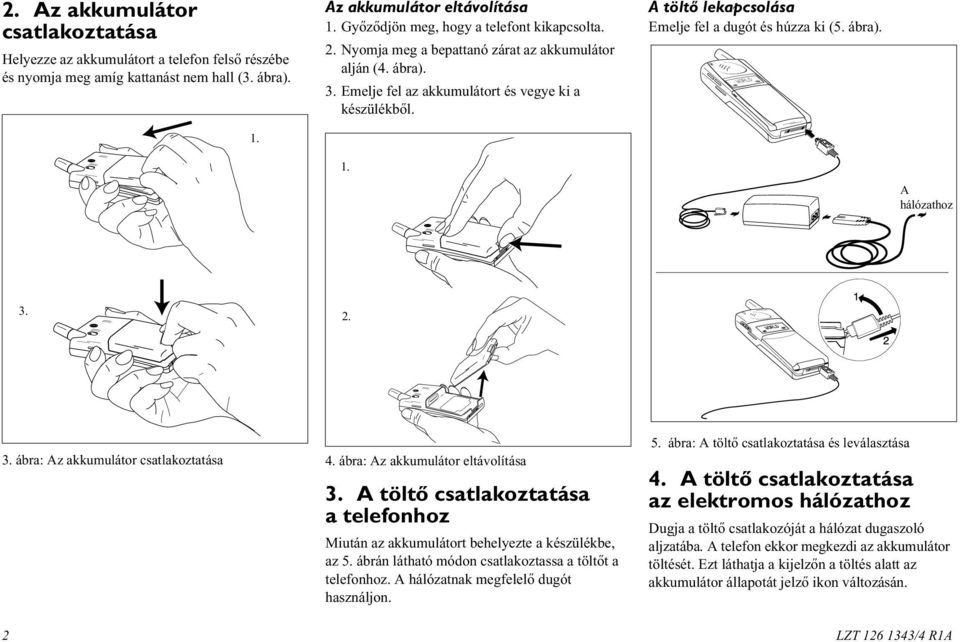 A töltõ lekapcsolása Emelje fel a dugót és húzza ki (5. ábra). A hálózathoz 3. 2. 3. ábra: Az akkumulátor csatlakoztatása 4. ábra: Az akkumulátor eltávolítása 3.