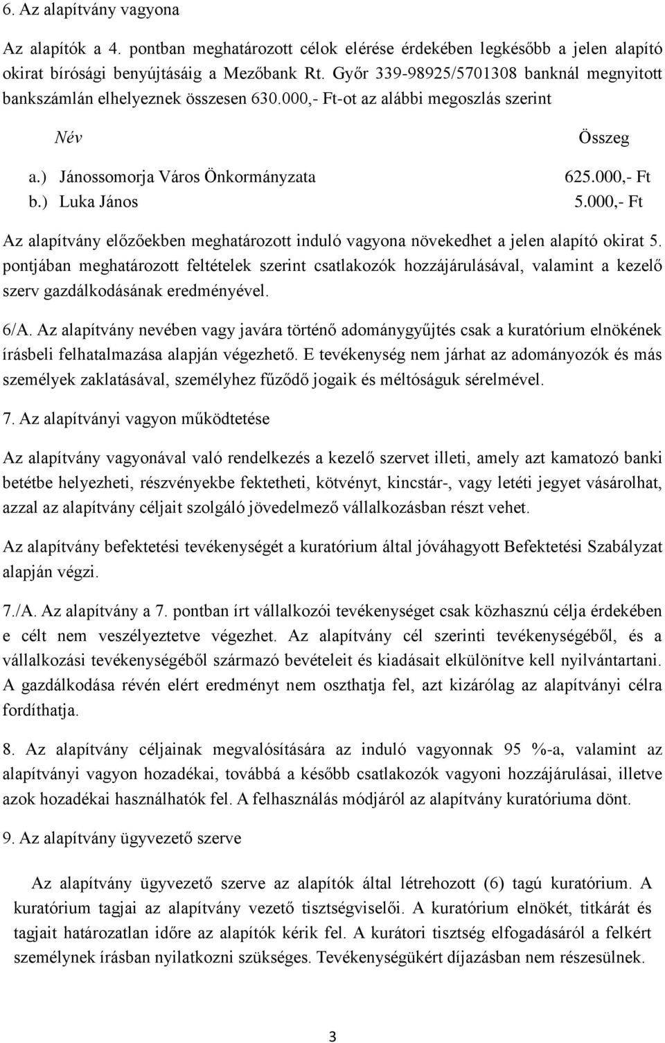 000,- Ft Az alapítvány előzőekben meghatározott induló vagyona növekedhet a jelen alapító okirat 5.