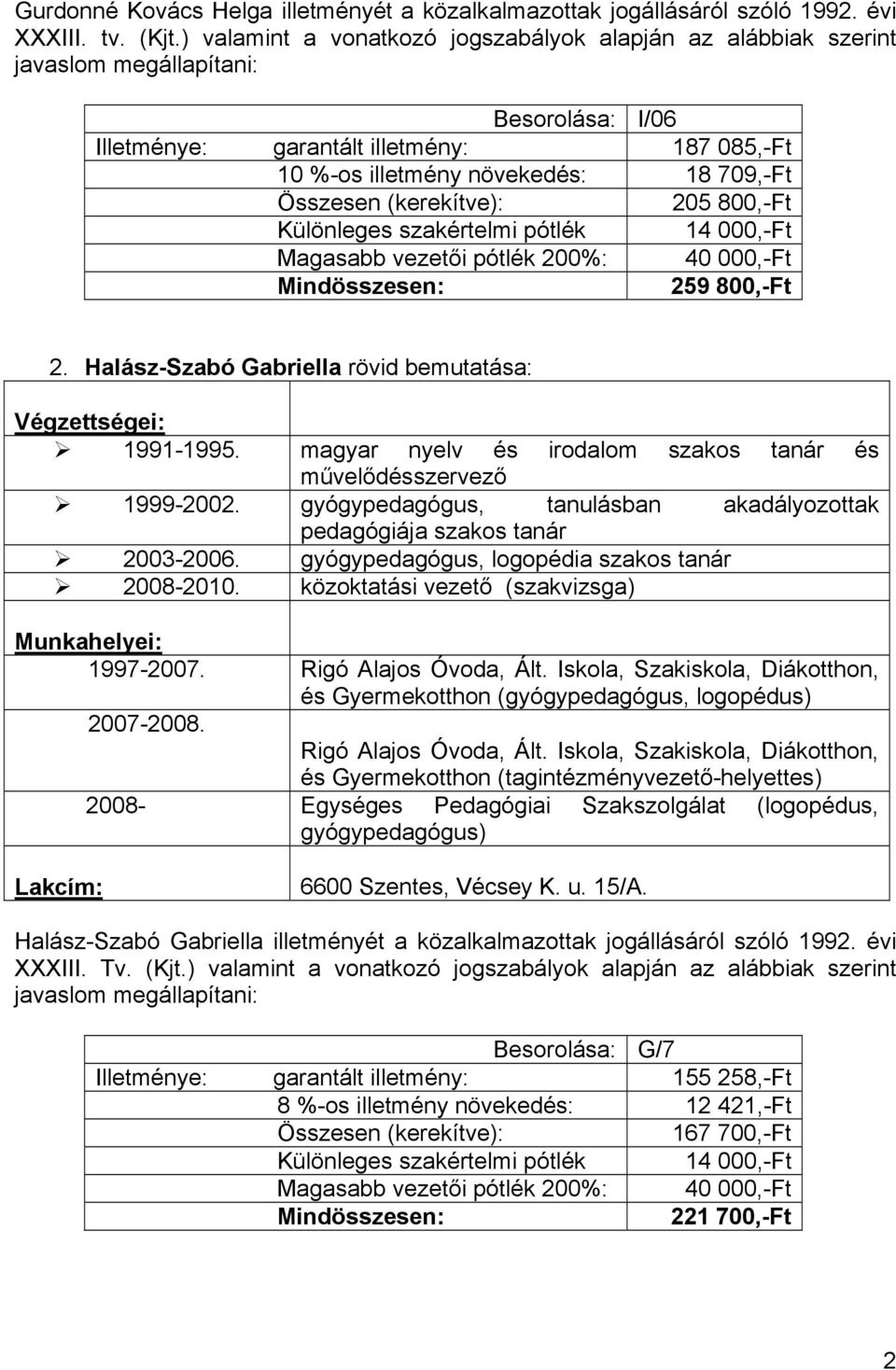 (kerekítve): 205 800,-Ft Különleges szakértelmi pótlék 14 000,-Ft Magasabb vezetői pótlék 200%: 40 000,-Ft Mindösszesen: 259 800,-Ft 2.