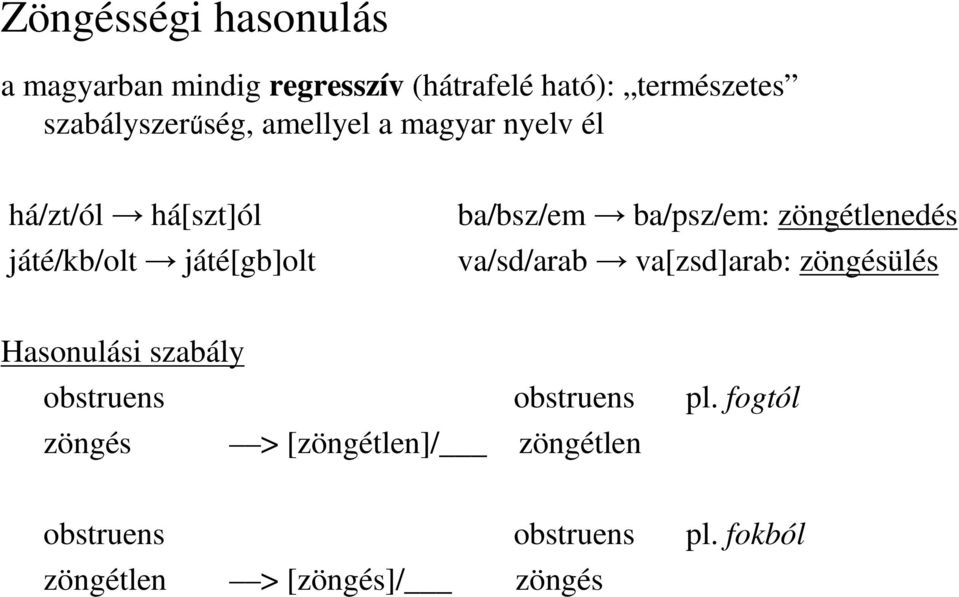 ba/bsz/em ba/psz/em: zöngétlenedés va/sd/arab va[zsd]arab: zöngésülés Hasonulási szabály