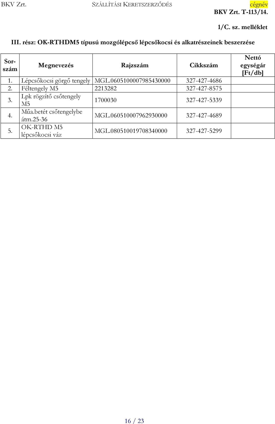 Lépcsőkocsi görgő tengely MGL.0605100007985430000 327-427-4686 2. Féltengely M5 2213282 327-427-8575 3.