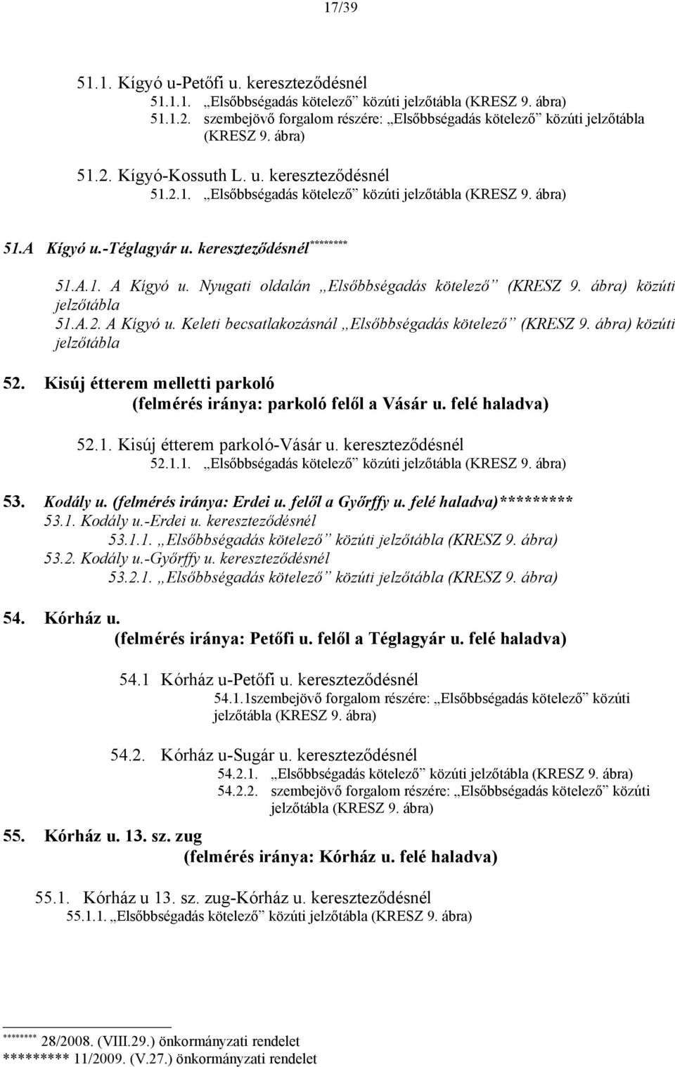 közúti jelzőtábla 51.A.2. A Kígyó u. Keleti becsatlakozásnál Elsőbbségadás kötelező (KRESZ 9. közúti jelzőtábla 52. Kisúj étterem melletti parkoló (felmérés iránya: parkoló felől a Vásár u.