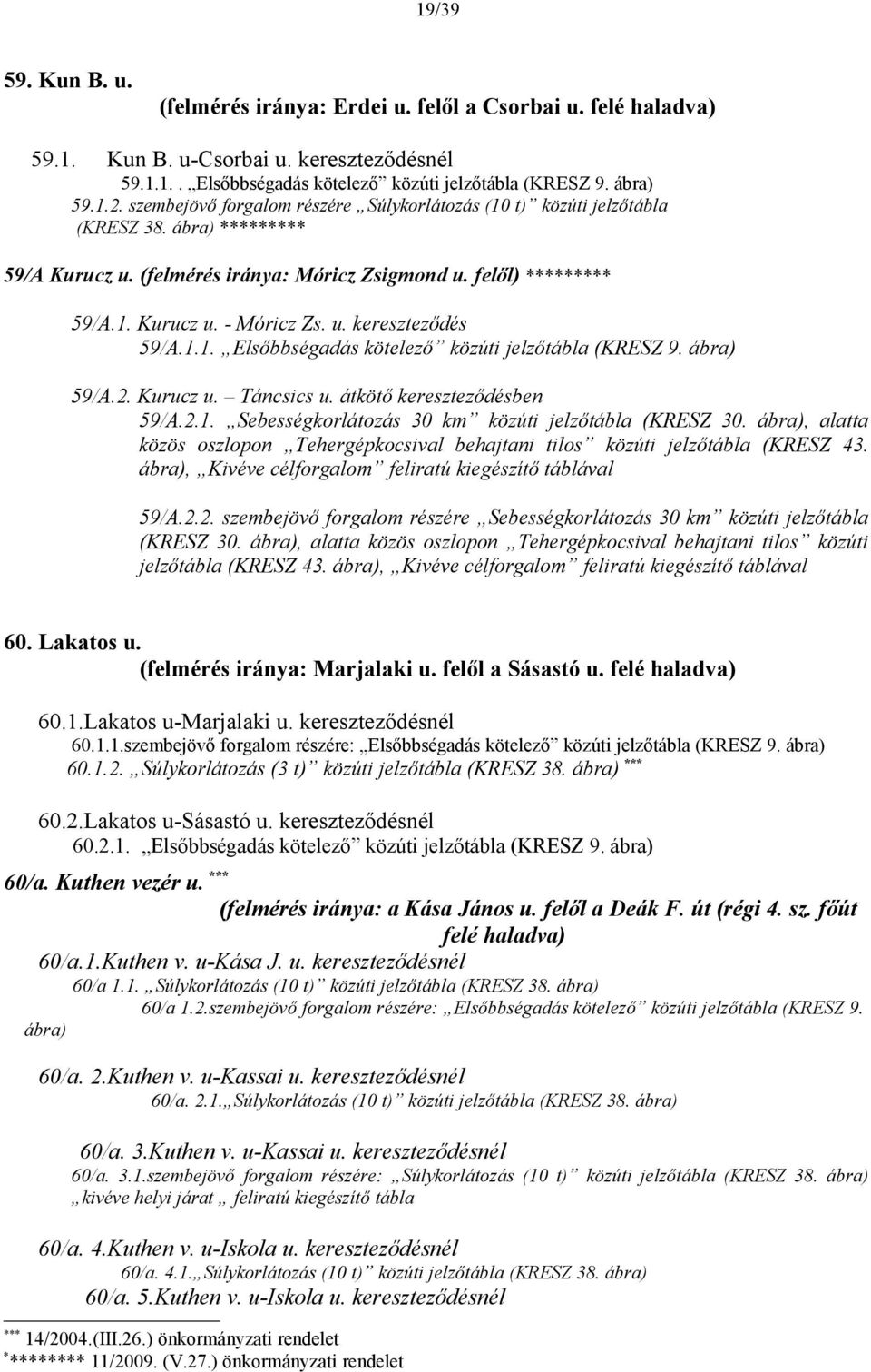 59/A.2. Kurucz u. Táncsics u. átkötő kereszteződésben 59/A.2.1. Sebességkorlátozás 30 km közúti jelzőtábla (KRESZ 30.