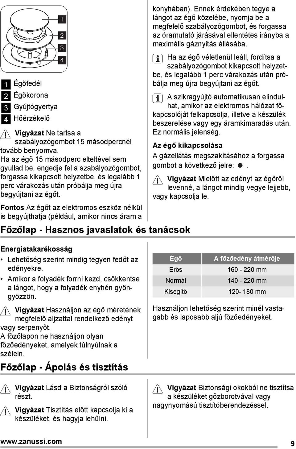 Fontos Az égőt az elektromos eszköz nélkül is begyújthatja (például, amikor nincs áram a Főzőlap - Hasznos javaslatok és tanácsok konyhában).