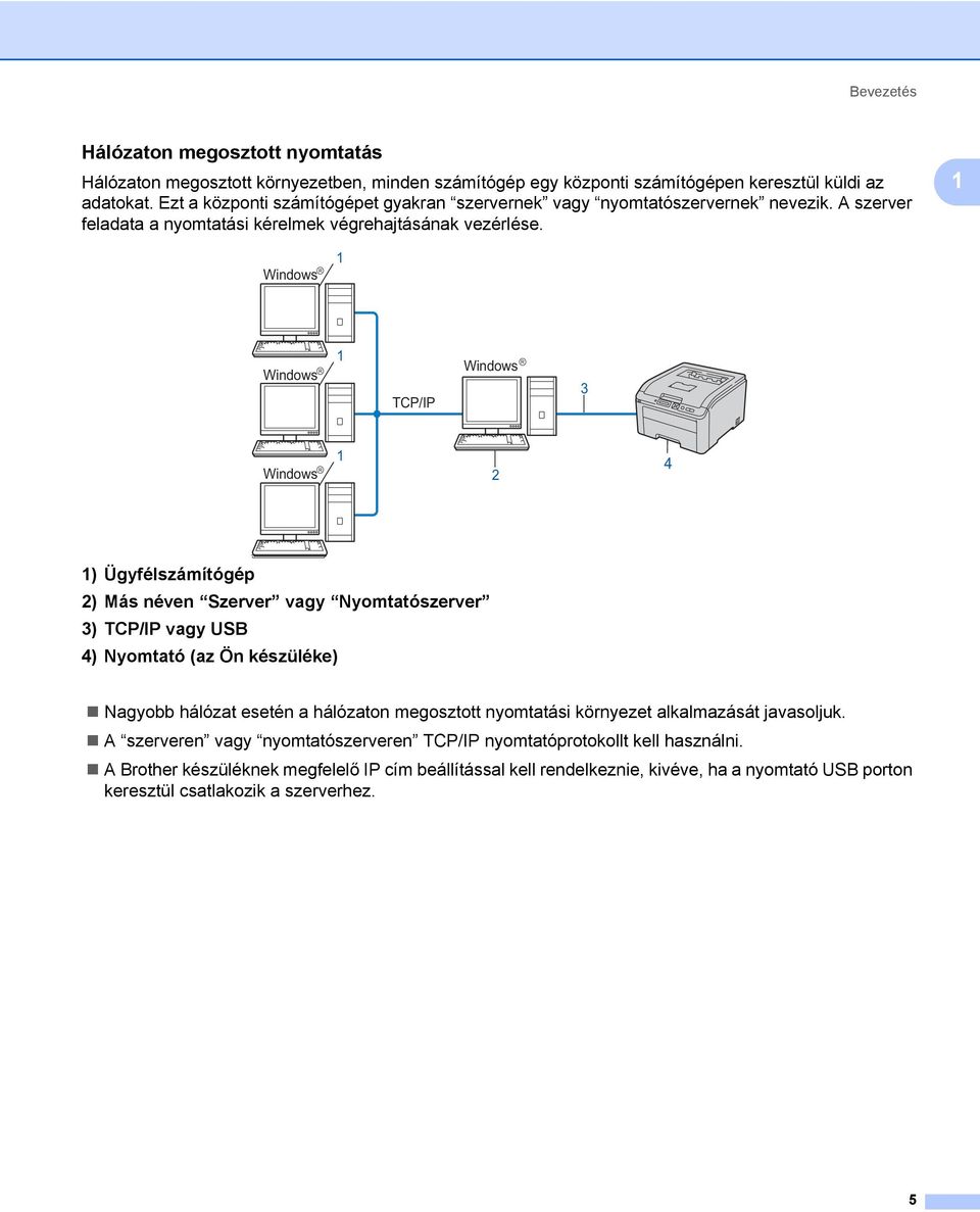 1 Windows R 1 Windows R 1 TCP/IP Windows R 3 Windows R 1 2 4 1) Ügyfélszámítógép 2) Más néven Szerver vagy Nyomtatószerver 3) TCP/IP vagy USB 4) Nyomtató (az Ön készüléke) Nagyobb hálózat esetén