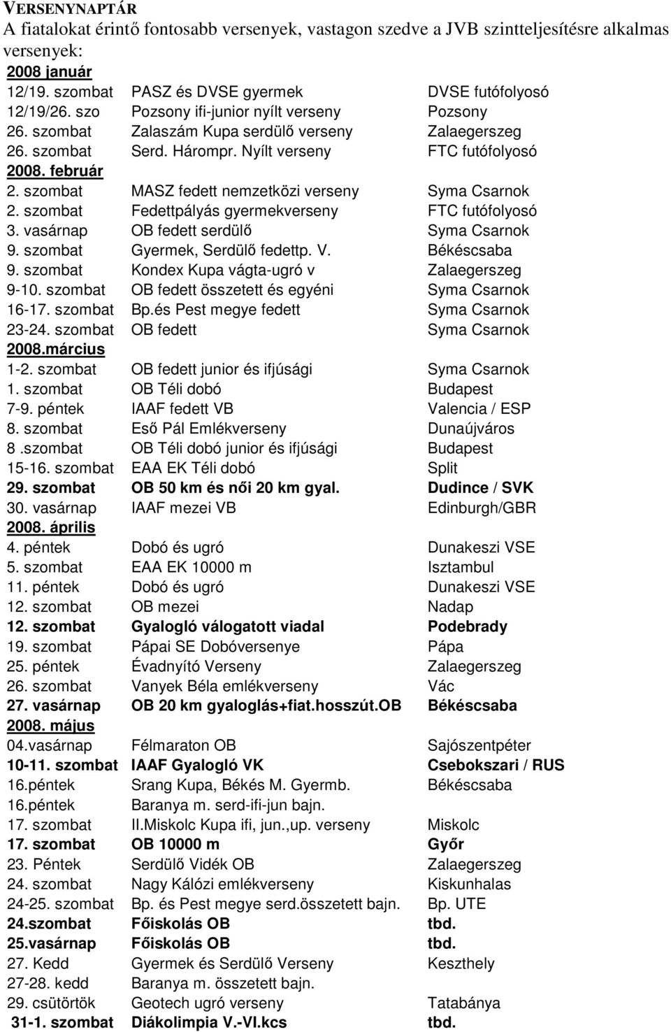 szombat MASZ fedett nemzetközi verseny Syma Csarnok 2. szombat Fedettpályás gyermekverseny FTC futófolyosó 3. vasárnap OB fedett serdülő Syma Csarnok 9. szombat Gyermek, Serdülő fedettp. V.