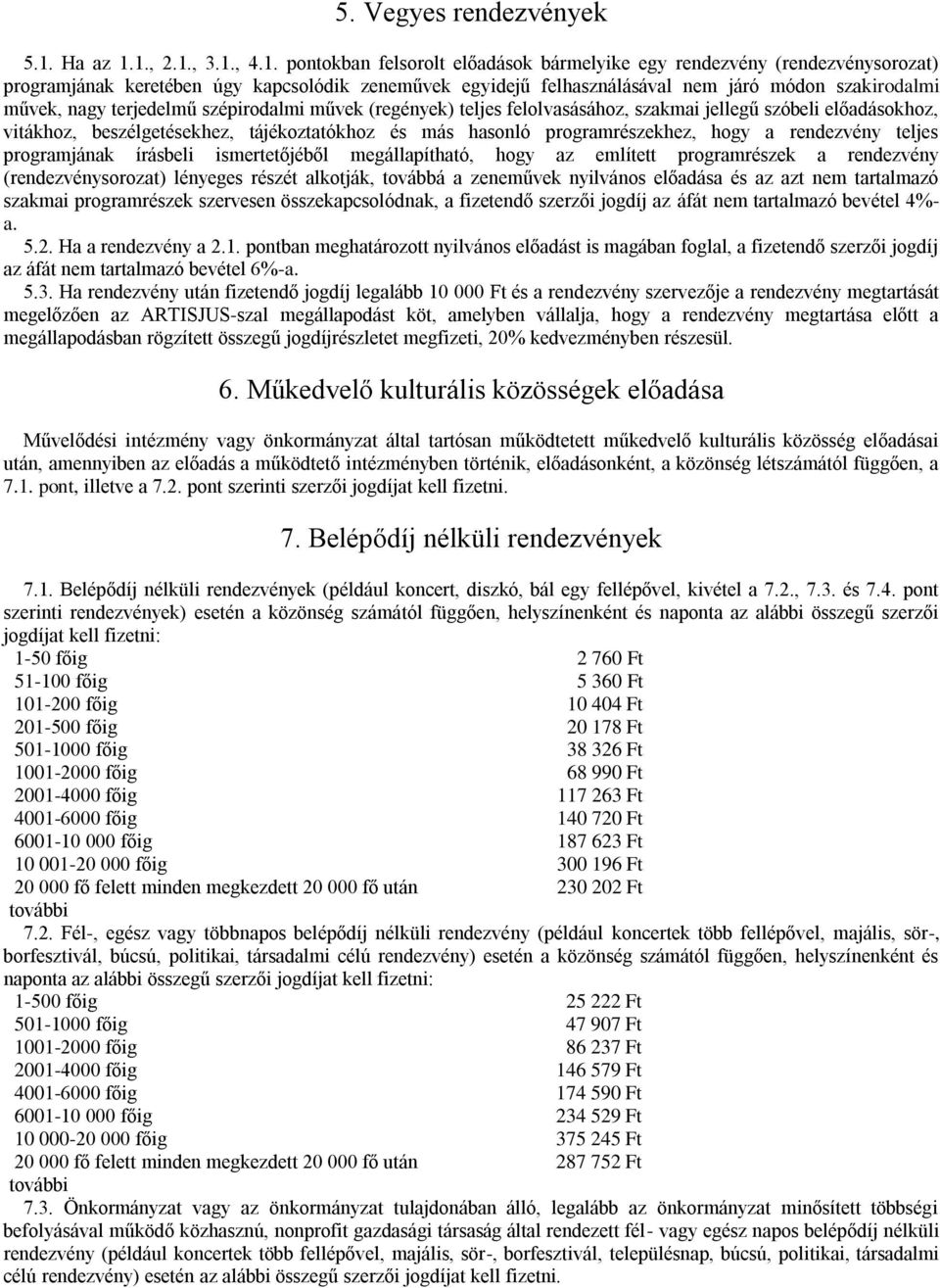 1., 2.1., 3.1., 4.1. pontokban felsorolt előadások bármelyike egy rendezvény (rendezvénysorozat) programjának keretében úgy kapcsolódik zeneművek egyidejű felhasználásával nem járó módon szakirodalmi