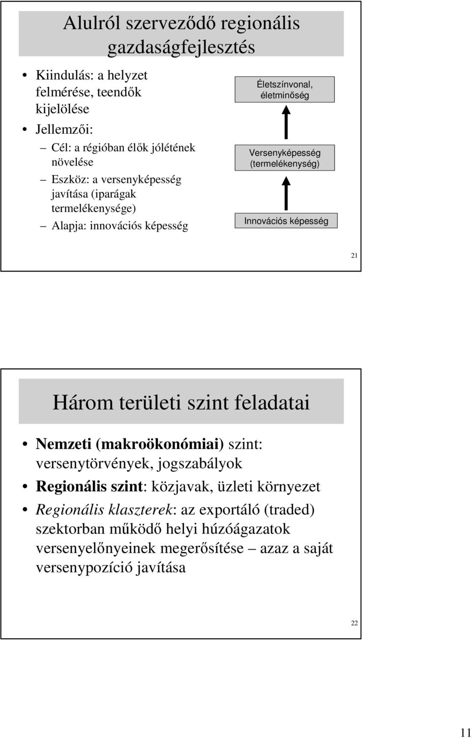 Innovációs képesség 21 Három területi szint feladatai Nemzeti (makroökonómiai) szint: versenytörvények, jogszabályok Regionális szint: közjavak, üzleti