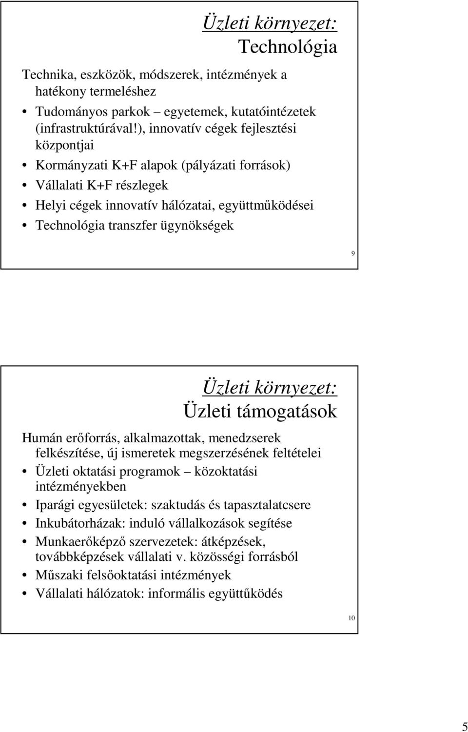 Üzleti környezet: Üzleti támogatások Humán erıforrás, alkalmazottak, menedzserek felkészítése, új ismeretek megszerzésének feltételei Üzleti oktatási programok közoktatási intézményekben Iparági