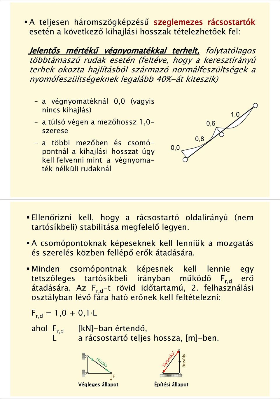 szerese a többi mezőben és csomópontnál a kihajlási hosszat úg kell felvenni mint a végnomaték nélküli rudaknál Ellenőrizni kell, hog a rácsostartó oldaliránú (nem tartósíkbeli) stabilitása megfelelő