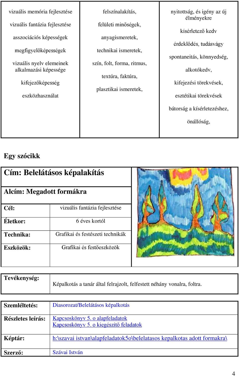 érdeklődés, tudásvágy spontaneitás, könnyedség, alkotókedv, kifejezési törekvések, esztétikai törekvések bátorság a kísérletezéshez, önállóság, Egy szócikk Cím: Belelátásos képalakítás Alcím: