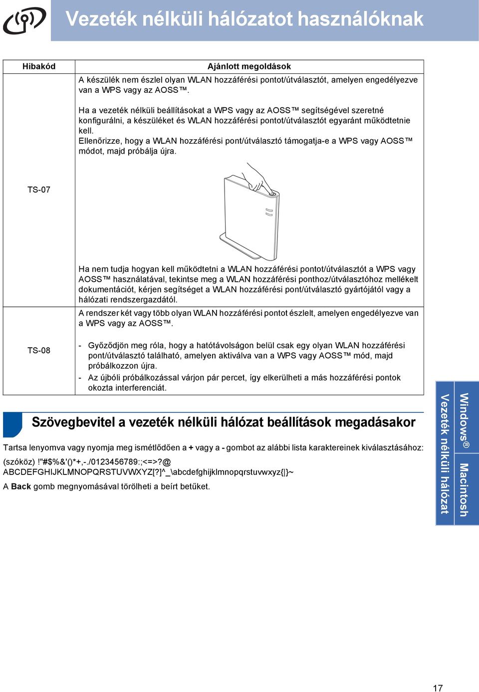 Ellenőrizze, hogy WLN hozzáférési pont/útválsztó támogtj-e WPS vgy OSS móot, mj próálj újr.