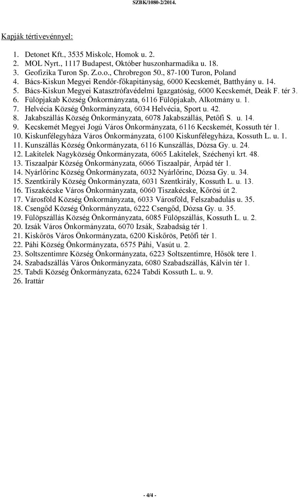 1. 7. Helvécia Község Önkormányzata, 6034 Helvécia, Sport u. 42. 8. Jakabszállás Község Önkormányzata, 6078 Jakabszállás, Petőfi S. u. 14. 9.