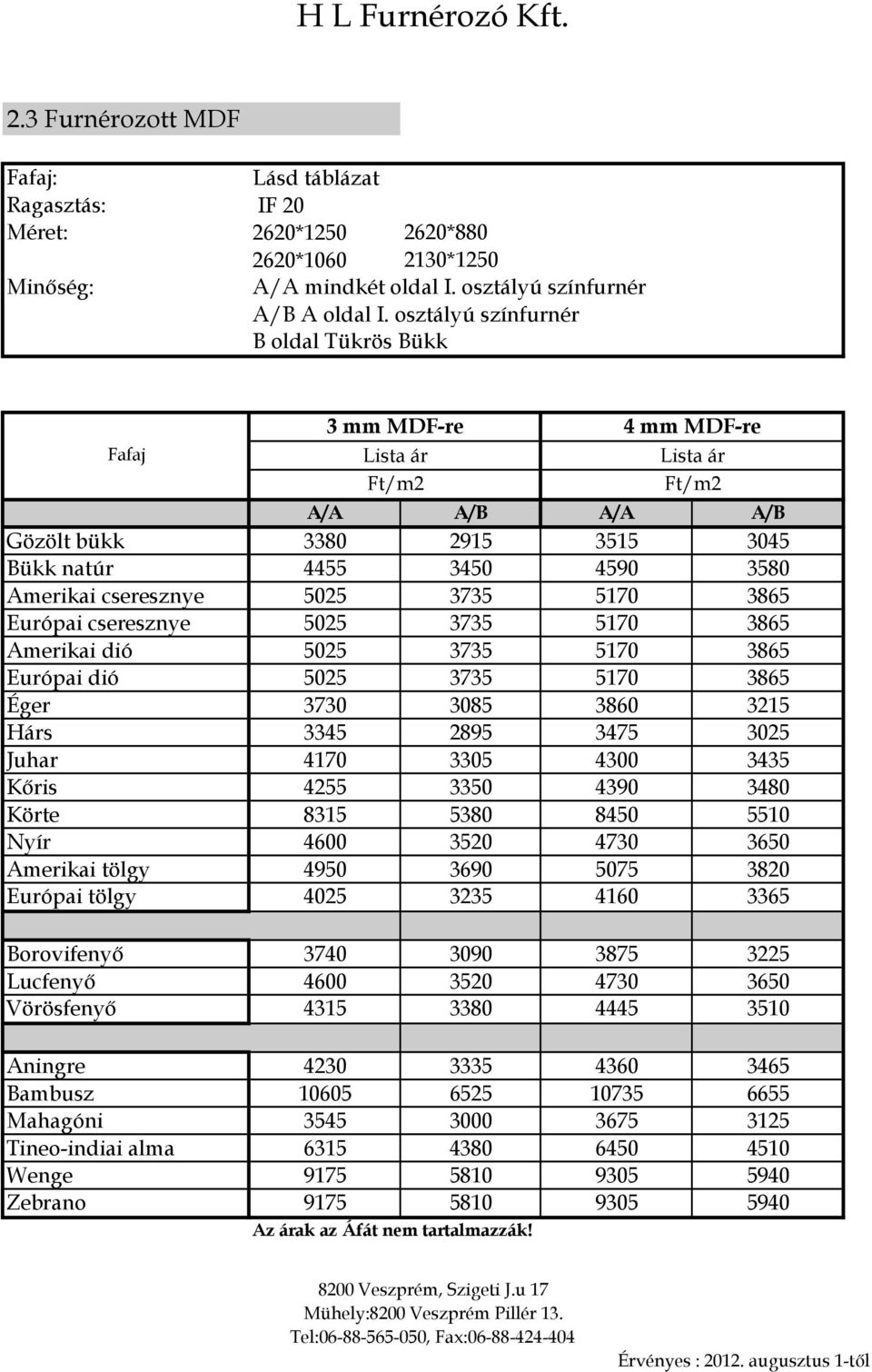 4255 3350 4390 3480 Körte 8315 5380 8450 5510 Nyír 4600 3520 4730 3650 Amerikai tölgy 4950 3690 5075 3820 Európai tölgy 4025 3235 4160 3365 Borovifenyı 3740 3090 3875 3225 Lucfenyı 4600 3520 4730