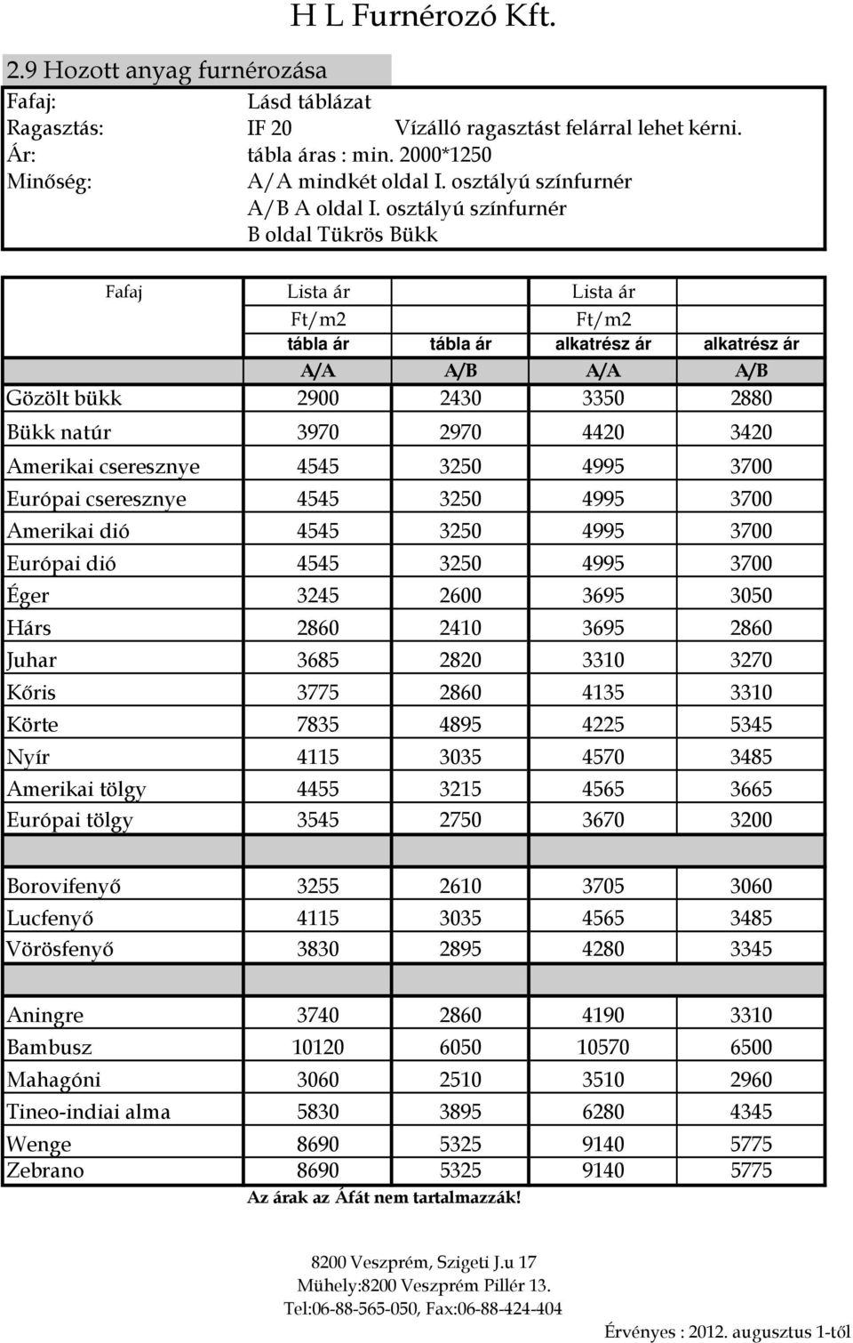 Amerikai dió 4545 3250 4995 3700 Európai dió 4545 3250 4995 3700 Éger 3245 2600 3695 3050 Hárs 2860 2410 3695 2860 Juhar 3685 2820 3310 3270 Kıris 3775 2860 4135 3310 Körte 7835 4895 4225 5345 Nyír