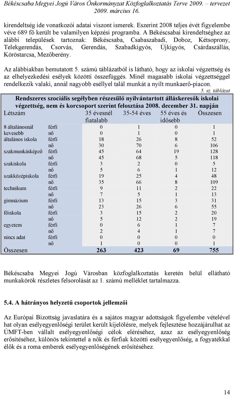 Mezőberény. Az alábbiakban bemutatott 5. számú táblázatból is látható, hogy az iskolai végzettség és az elhelyezkedési esélyek közötti összefüggés.