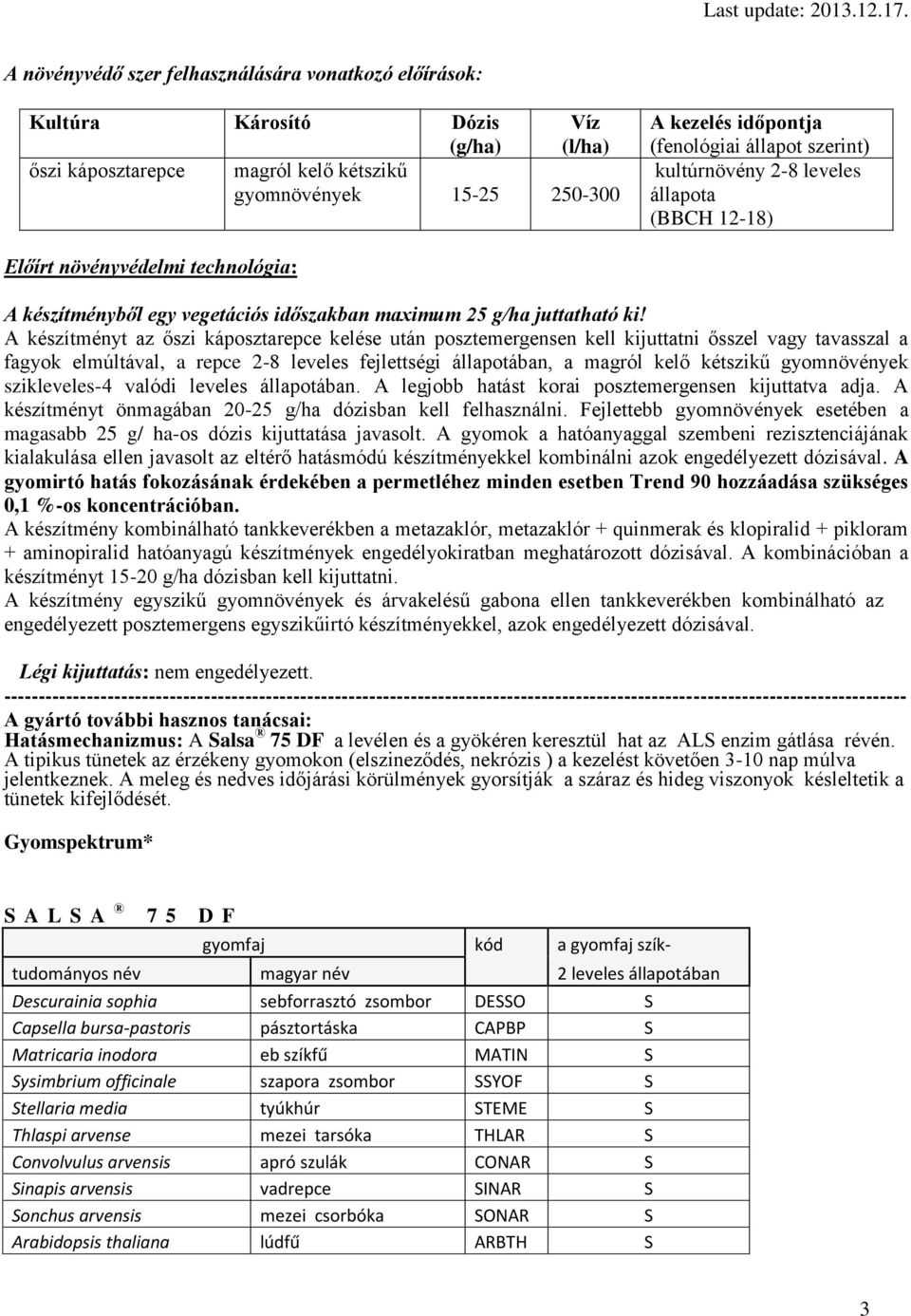 A készítményt az őszi káposztarepce kelése után posztemergensen kell kijuttatni ősszel vagy tavasszal a fagyok elmúltával, a repce 2-8 leveles fejlettségi állapotában, a magról kelő kétszikű