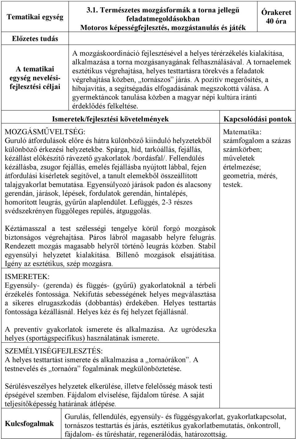 fejlesztésével a helyes térérzékelés kialakítása, alkalmazása a torna mozgásanyagának felhasználásával.