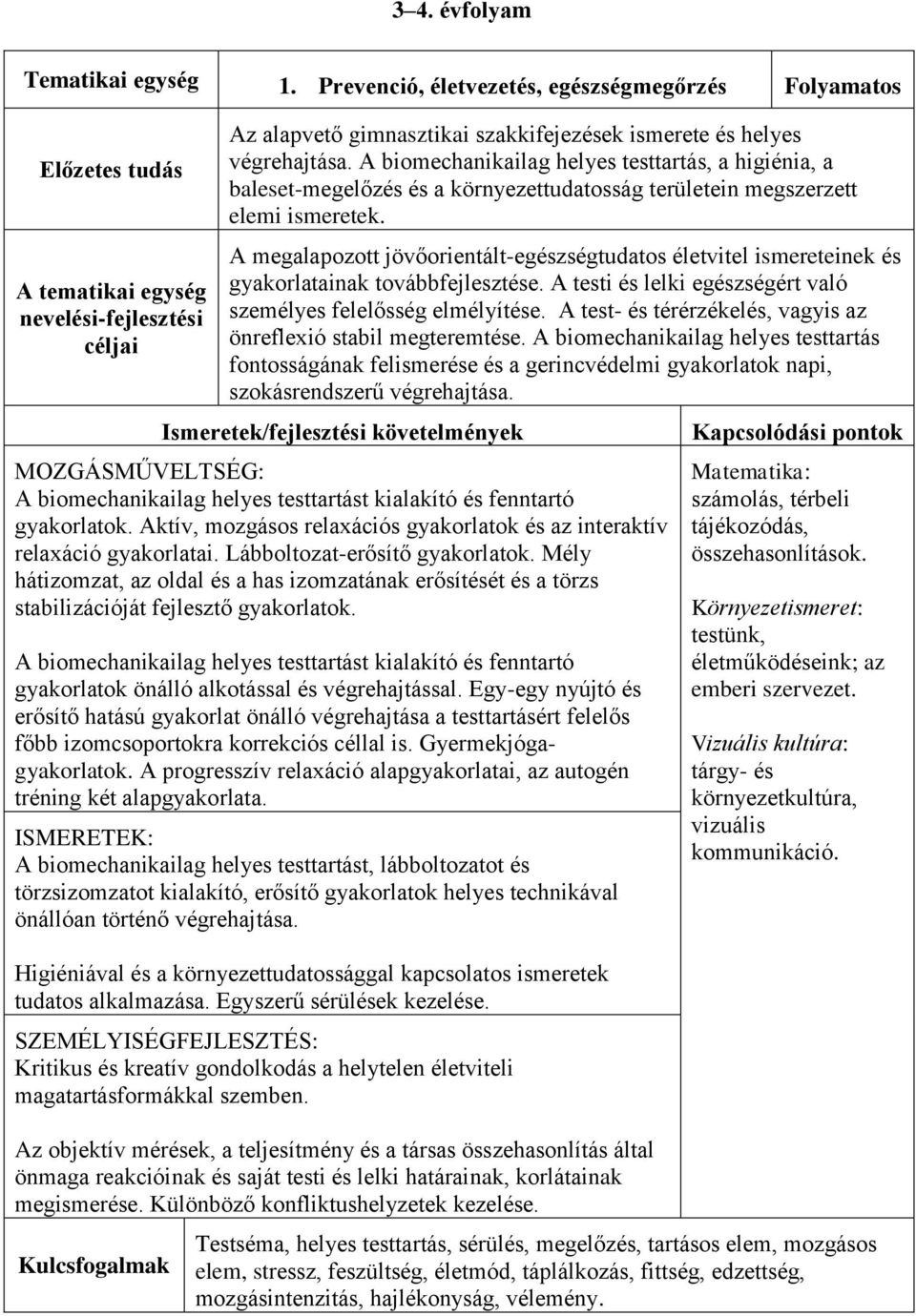 A biomechanikailag helyes testtartás, a higiénia, a baleset-megelőzés és a környezettudatosság területein megszerzett elemi ismeretek.