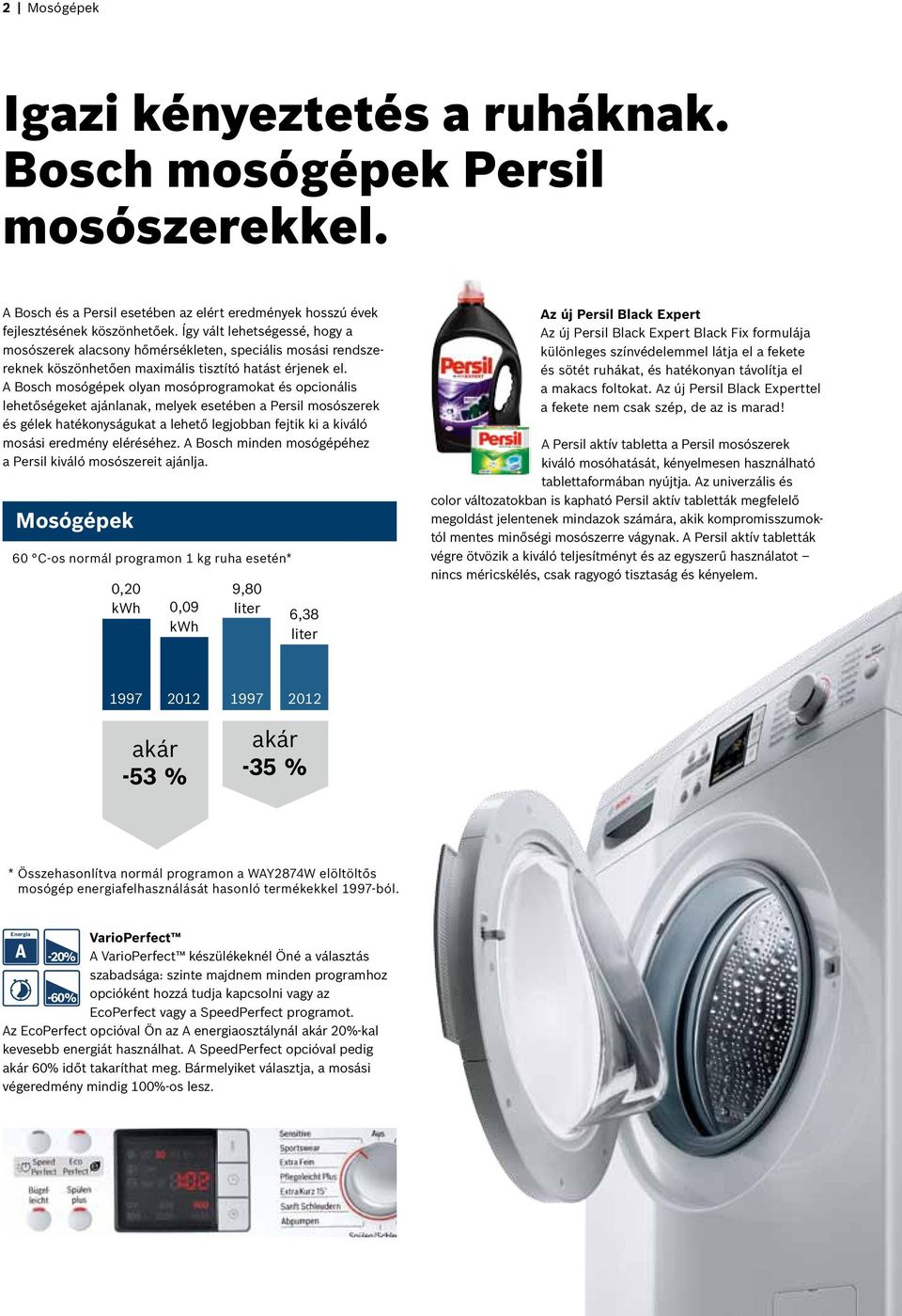 A Bosch mosógépek olyan mosóprogramokat és opcionális lehetőségeket ajánlanak, melyek esetében a Persil mosószerek és gélek hatékonyságukat a lehető legjobban fejtik ki a kiváló mosási eredmény