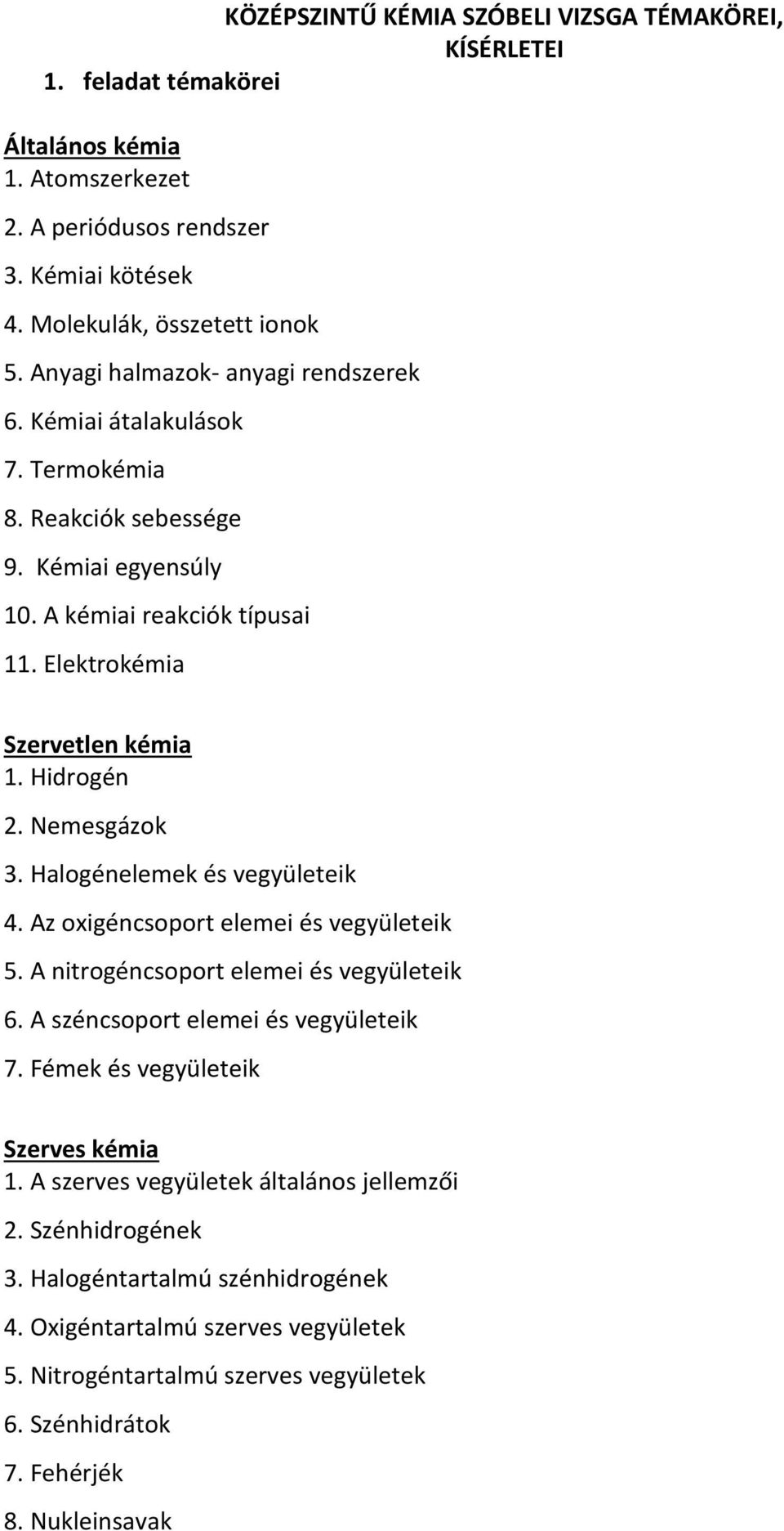 Nemesgázok 3. Halogénelemek és vegyületeik 4. Az oxigéncsoport elemei és vegyületeik 5. A nitrogéncsoport elemei és vegyületeik 6. A széncsoport elemei és vegyületeik 7.