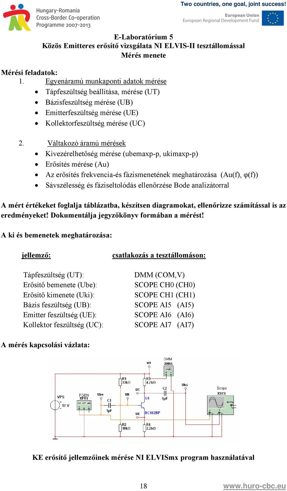 Váltakozó áramú mérések Kivezérelhetőség mérése (ubemaxp-p, ukimaxp-p) Erősítés mérése (Au) Az erősítés frekvencia-és fázismenetének meghatározása (Au(f), φ(f)) Sávszélesség és fáziseltolódás