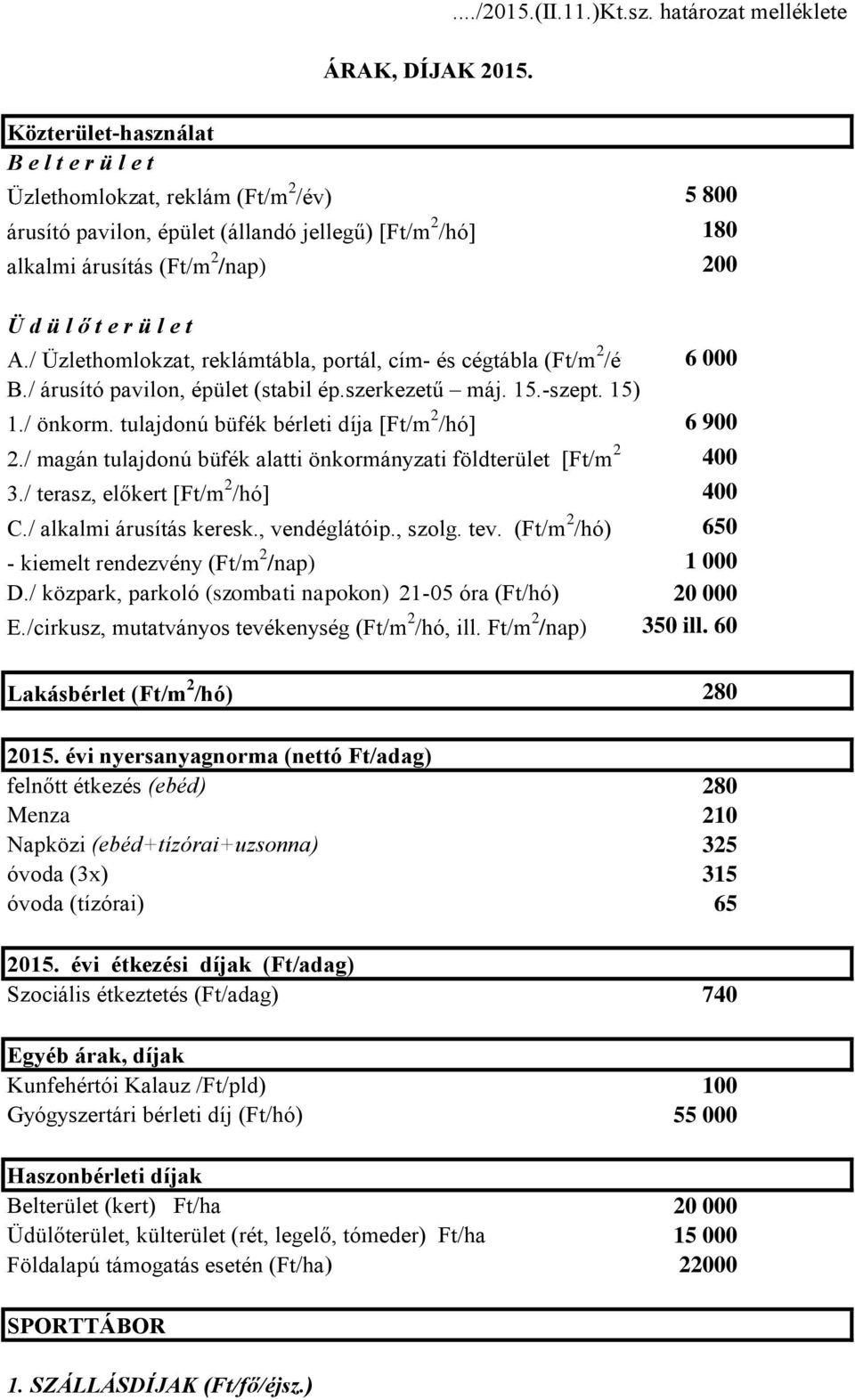 tulajdonú büfék bérleti díja [Ft/m 2 /hó] 6 900 2./ magán tulajdonú büfék alatti önkormányzati földterület [Ft/m 2 /hó] 400 3./ terasz, előkert [Ft/m 2 /hó] 400 C./ alkalmi árusítás keresk.