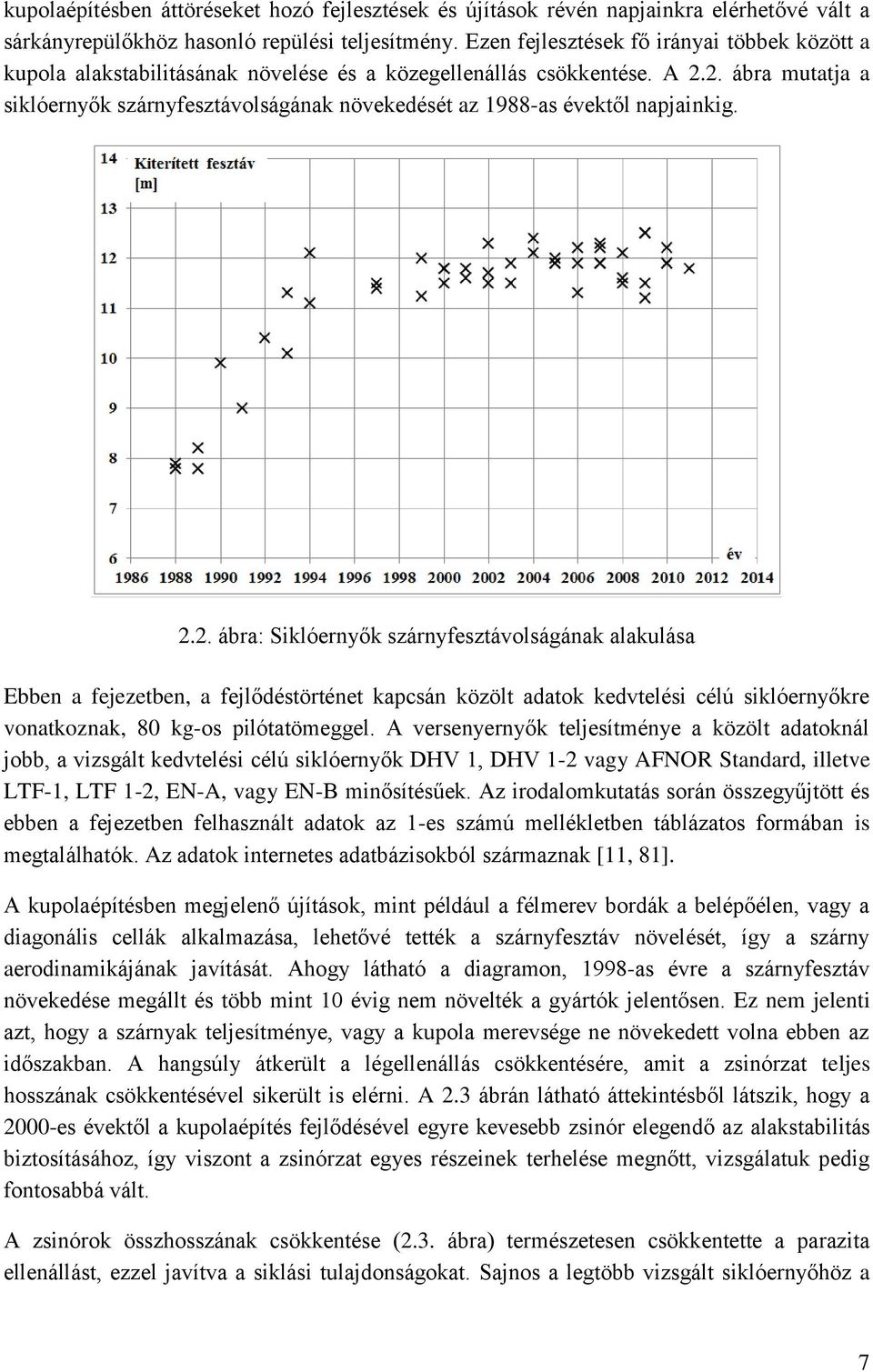 2. ábra mutatja a siklóernyők szárnyfesztávolságának növekedését az 1988-as évektől napjainkig. 2.2. ábra: Siklóernyők szárnyfesztávolságának alakulása Ebben a fejezetben, a fejlődéstörténet kapcsán közölt adatok kedvtelési célú siklóernyőkre vonatkoznak, 80 kg-os pilótatömeggel.