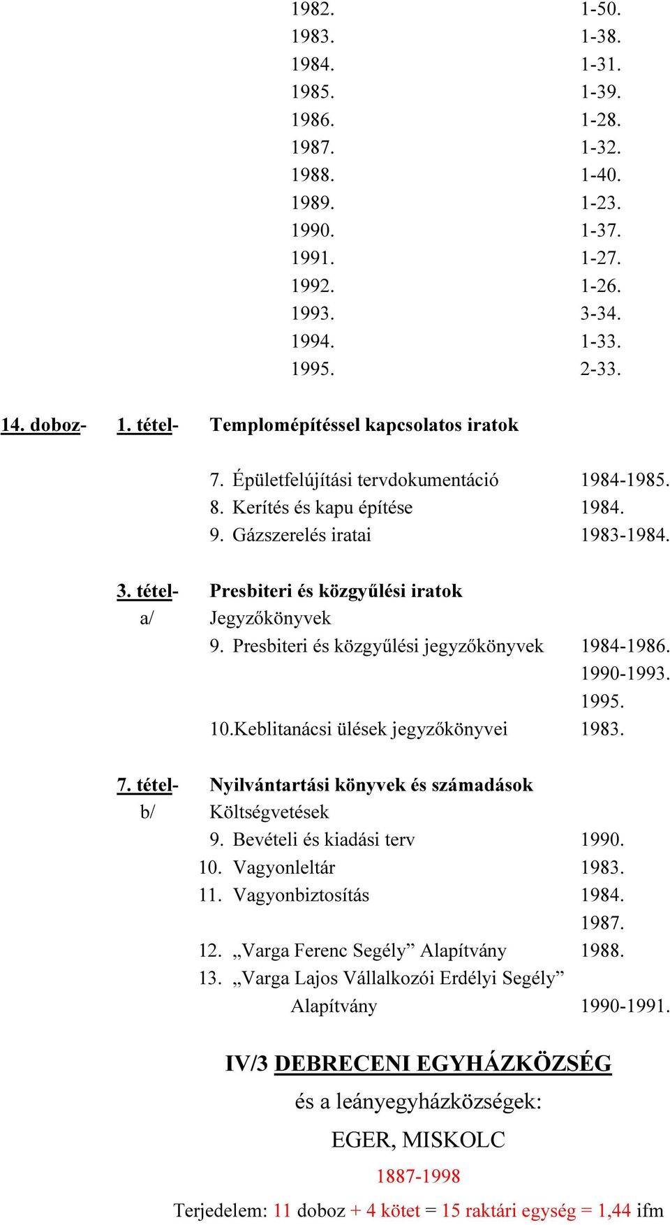 tétel- Presbiteri és közgyűlési iratok a/ Jegyzőkönyvek 9. Presbiteri és közgyűlési jegyzőkönyvek 1984-1986. 1990-1993. 1995. 10.Keblitanácsi ülések jegyzőkönyvei 1983. 7.