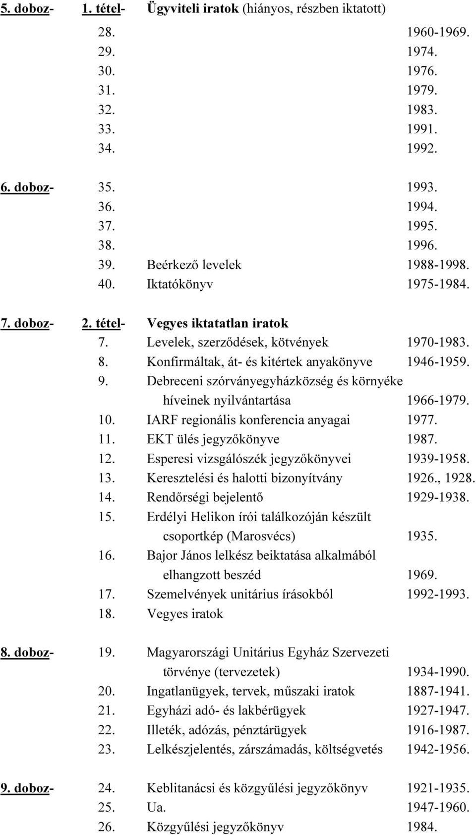 9. Debreceni szórványegyházközség és környéke híveinek nyilvántartása 1966-1979. 10. IARF regionális konferencia anyagai 1977. 11. EKT ülés jegyzőkönyve 1987. 12.