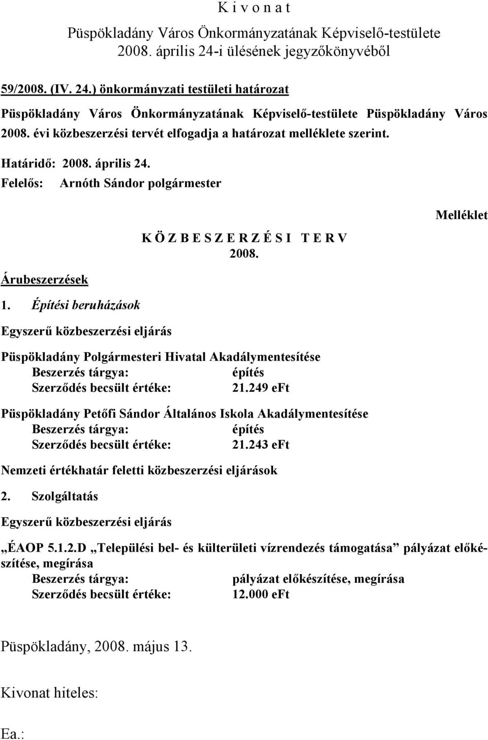 Építési beruházások Egyszerű közbeszerzési eljárás Püspökladány Polgármesteri Hivatal Akadálymentesítése Beszerzés tárgya: építés Szerződés becsült értéke: 21.