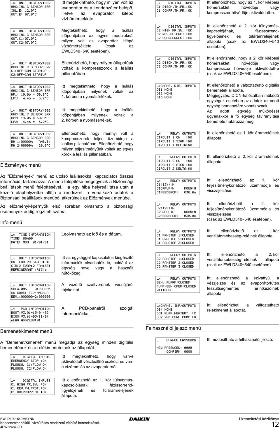 Metekintető, oy a leállás időpontjában az eyes moduloknál milyen volt az evaporátor kilépő vízőmérséklete (csak az EWLD340~540 esetében). Itt ellenőrizető a 2.