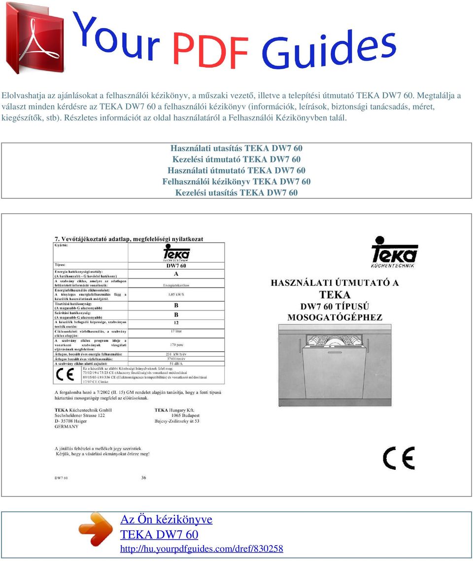 Az Ön kézikönyve TEKA DW PDF Ingyenes letöltés
