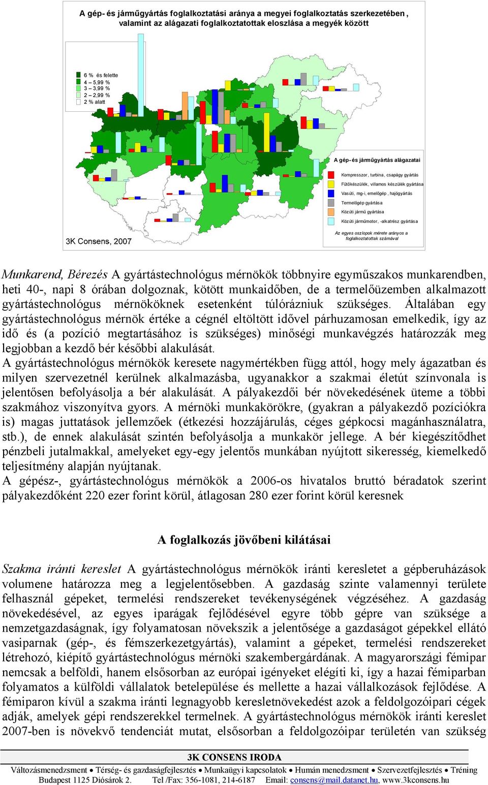 járműmotor, -alkatrész gyártása Az egyes oszlopok mérete arányos a foglalkoztatottak számával Munkarend, Bérezés A gyártástechnológus mérnökök többnyire egyműszakos munkarendben, heti 40-, napi 8